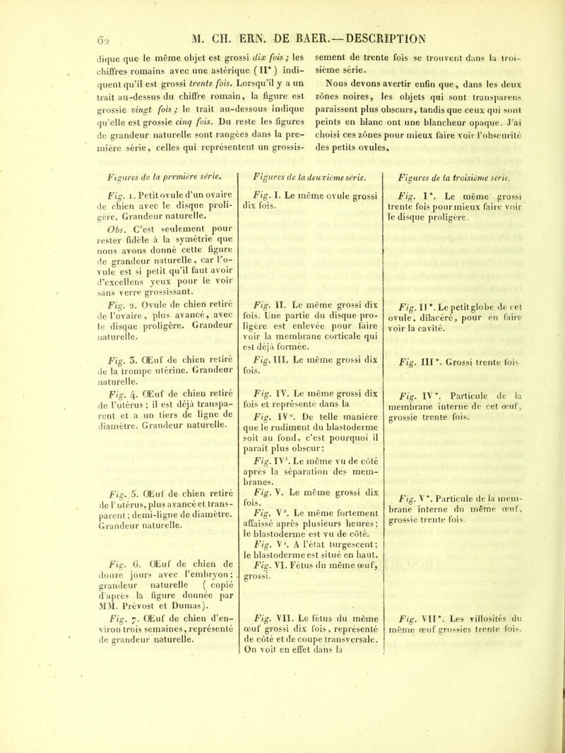 dique que le même objet est grossi dix fois ; les chiffres romains avec une astérique ( II* ) indi- quent qu’il est grossi trente fois. Lorsqu’il y a un trait au-dessus du chiffre romain, la figure est grossie vingt fois; le trait au-dessous indique qu’elle est grossie cinq fois. Du reste les figures de grandeur naturelle sont rangées dans la pre- mière série, celles qui représentent un grossis- sement de trente fois se trouvent dans la troi- sième série. Nous devons avertir enfin que, dans les deux zones noires, les objets qui sont transparens paraissent plus obscurs, tandis que ceux qui sont peints en hlanc ont une blancheur opaque. J’ai choisi ces zones pour mieux faire voir l’obscurité des petits ovules. Figures de la première série» Fig. 1. Petit ovule d’un ovaire de chien avec le disque proli- gère. Grandeur naturelle. Obs. C’est seulement pour rester fidèle à la symétrie que nous avons donné cette figure de grandeur naturelle, car l’o- vule est si petit qu’il faut avoir d’excellens yeux pour le voir sans verre grossissant. Fig. 2. Ovule de chien retiré de l’ovaire, plus avancé, avec le disque proligère. Grandeur naturelle. Fig. 3. OEuf de chien retiré de la trompe utérine. Grandeur naturelle. Fig. 4- OEuf de chien retiré de l’utérus ; il est déjà transpa- rent et a un tiers de ligne de diamètre. Grandeur naturelle. Fig.,O. OEuf de chien retiré de l’utérus, plus avancé et trans- parent; demi-ligne de diamètre. Grandeur naturelle. Fig. 6. OEuf de chien de douze jours avec l’embryon; grandeur naturelle ( copié d’après la figure donnée par MM. Prévost et Dumas). Fig. 7. OEuf de chien d’en- viron trois semaines, représenté de grandeur naturelle. Figures de la deuxième série. Fig. I. Le même ovule grossi dix fois. Fig. II. Le même grossi dix fois. Une partie du disque pro- ligère est enlevée pour faire voir la membrane corticale qui est déjà formée. Fig. III. Le même grossi dix fois. Fig. IV. Le même grossi dix fois et représenté dans la Fig. IVa. De telle manière que le rudiment du blastoderme soit au fond, c’est pourquoi il paraît plus obscur; Fig. IV6. Le même vu de côté après la séparation des mem- branes. Fig. V. Le même grossi dix fois. Fig, Va. Le même fortement affaissé après plusieurs heures; le blastoderme est vu de côté. Fig. V*. A l’état turgescent; le blastoderme est situé en haut. Fig. VI. Fétus du même oeuf, grossi. Fig. VII. Le fétus du même œuf grossi dix fois, représenté de côté et de coupe transversale. On voit en effet dans la Figures de la troisième série. Fig. I*. Le même grossi trente fois pour mieux faire voir le disque proligère. Fig. Il *. Le petit globe de cet ovule, dilacéré, pour en faire voir la cavité. Fig. III *. Grossi trente fois Fig. IV*. Particule de ia membrane interne de cet œuf, grossie trente fois. Fig. V*. Particule de la mem- brane interne du même œuf, grossie trente fois. Fig. VII*. Les villosités du même œuf grossies trente fois.