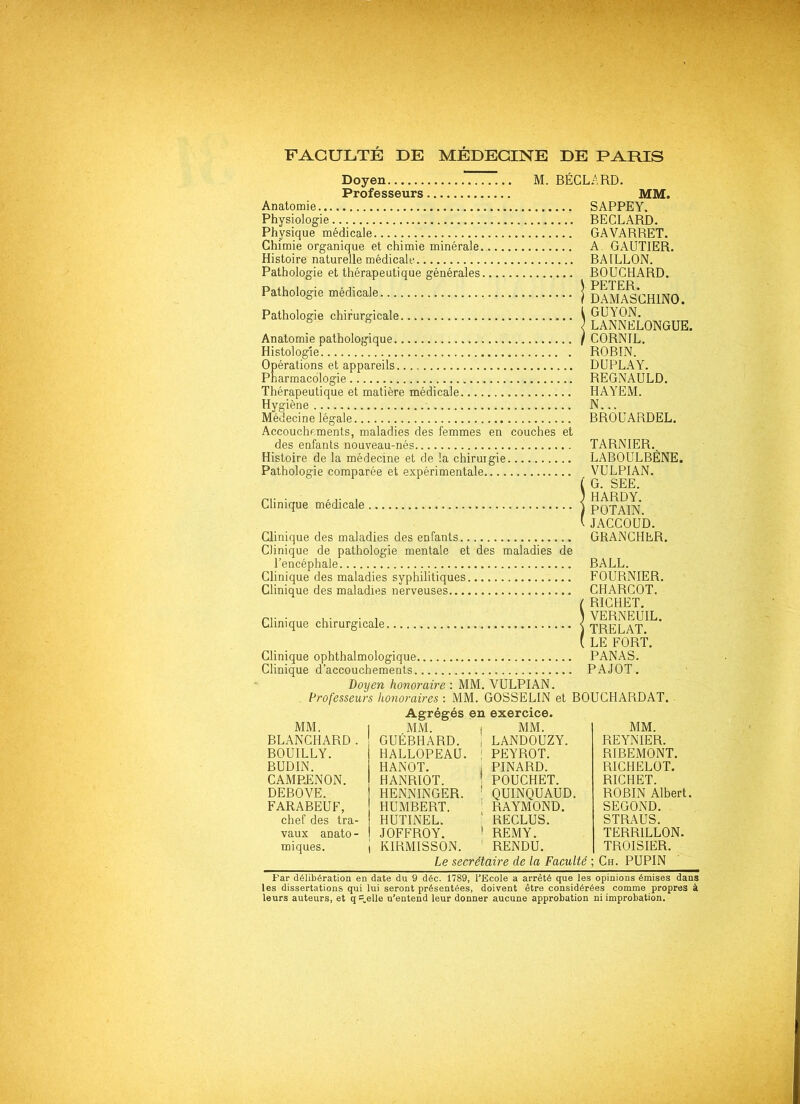 Doyen M. BÉCLARD. Professeurs MM. Anatomie S APPEY. Physiologie BECLARD. Physique médicale GAVARRET. Chimie organique et chimie minérale. A. GAUTIER. Histoire naturelle médicale. : BAILLON. Pathologie et thérapeutique générales BOUCHARD. Pathologie médicale j daMASCHINO. Pathologie chirurgicale j LANNKLONGUE. Anatomie pathologique / CORNIL. Histologie ROBIN. Opérations et appareils DUPLAY. Pharmacologie REGNAULD. Thérapeutique et matière médicale HAYEM. Hygiène N... Médecine légale BROUARDEL. Accouchements, maladies des femmes en couches et des enfants nouveau-nés TARNIER., Histoire de la médecine et de la chiruigie LABOULBÈNE. Pathologie comparée et expérimentale VULPIAN. [ G. SEE. I JACCOUD. Clinique des maladies des enfants GRANCHbR. Clinique de pathologie mentale et des maladies de l’encéphale BALL. Clinique des maladies syphilitiques FOURNIER. Clinique des maladies nerveuses CHARCOT. ( RICHET. f LE FORT. Clinique ophthalmologique PANAS. Clinique d’accouchements PAJOT. Doyen honoraire : MM. VULPIAN. Professeurs honoraires : MM. GOSSELIN et BOUCHARDAT. Agrégés en exercice. MM. j MM. GUÉBHARD. j LANDOUZY. HALLOPEAU. HANOT. MM. BLANCHARD. BOUILLY. BUDIN. CAMPENON. DEBOVE. FARABEUF, chef des tra- vaux anato - miques. HANRIOT. HENNINGER. HUMBERT. HUTINEL. JOFFROY. KIRMISSON. PEYROT. j PINARD. POUCHET. ! QUINQUAUD. RAYMOND. 1 RECLUS. * REMY. RENDU. MM. REYNIER. RIBEMONT. RICHELOT. RICHET. ROBIN Albert. SEGOND. STRAUS. TERR1LLON. TROISIER. Le secrétaire de la Faculté ; Ch. PUPIN leurs auteurs, et q e elle u’entend leur donne e approbation ni improbation.