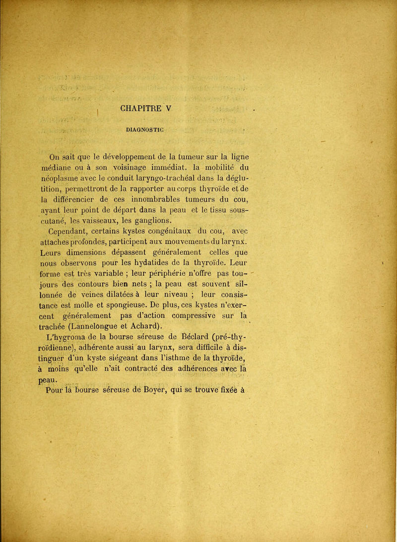 DIAGNOSTIC On sait que le développement de la tumeur sur la ligne médiane ou à son voisinage immédiat, la mobilité du néoplasme avec le conduit laryngo-trachéal dans la déglu- tition, permettront de la rapporter au corps thyroïde et de la différencier de ces innombrables tumeurs du cou, ayant leur point de départ dans la peau et le tissu sous- cutané, les vaisseaux, les ganglions. Cependant, certains kystes congénitaux du cou, avec attaches profondes, participent aux mouvements du larynx. Leurs dimensions dépassent généralement celles que nous observons pour les hydatides de la thyroïde. Leur forme est très variable ; leur périphérie n’offre pas tou- jours des contours bien nets ; la peau est souvent sil- lonnée de veines dilatées à leur niveau ; leur consis- tance est molle et spongieuse. De plus, ces kystes n’exer- cent généralement pas d’action compressive sur la trachée (Lannelongue et Achard). L'hygroma de la bourse séreuse de Béclard (pré-thy- roïdienne), adhérente aussi au larynx, sera difficile à dis- tinguer d’un kyste siégeant dans l’isthme de la thyroïde, à moins qu’elle n’ait contracté des adhérences avec la peau. Pour la bourse séreuse dé Boyèr, qui se trouve fixée à