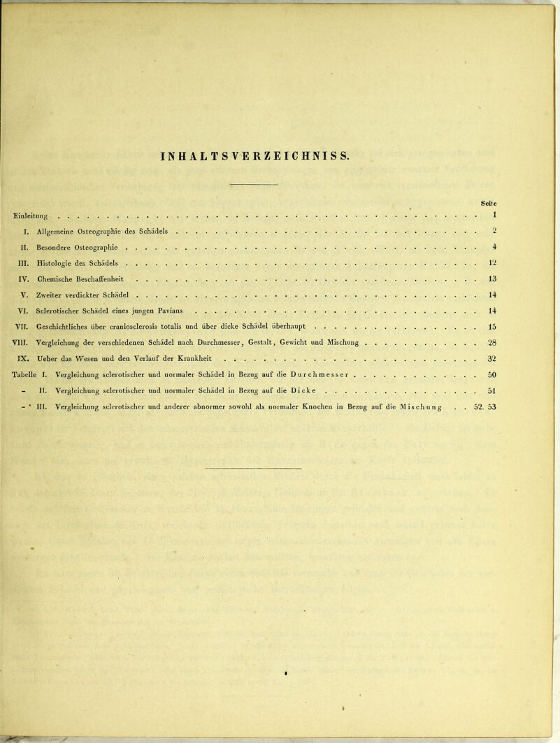 INHALTSVERZEICHNIS S. Seite Einleitung 1 I. Allgemeine Osteographie des Schädels 2 II. Besondere Osteographie 4 III. Histologie des Schädels 12 IV. Chemische Beschaffenheit 13 V. Zweiter verdickter Schädel 14 VI. Sclerotischer Schädel eines jungen Pavians 14 VII. Geschichtliches über craniosclerosis totalis und über dicke Schädel überhaupt 15 VIII. Vergleichung der verschiedenen Schädel nach Durchmesser, Gestalt, Gewicht und Mischung 28 IX. Ueber das Wesen und den Verlauf der Krankheit 32 Tabelle I. Vergleichung sclerotischer und normaler Schädel in Bezug auf die Durchmesser 50 II. Vergleichung sclerotischer und normaler Schädel in Bezug auf die Dicke 51 - ‘ III. Vergleichung sclerotischer und anderer abnormer sowohl als normaler Knochen in Bezug auf die Mischung . . 52. 53