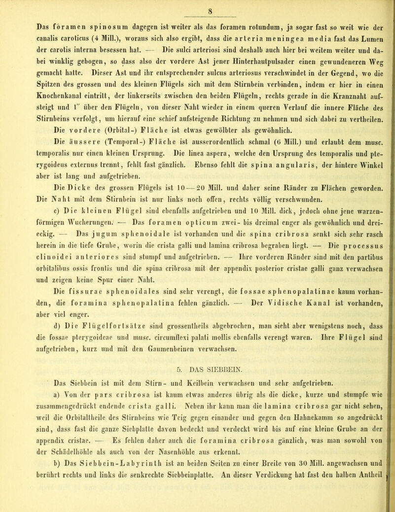 Das föramen spinös um dagegen ist weiter als das foramen rotundum, ja sogar fast so weit wie der canalis caroticus (4 Mill.), woraus sich also ergibt, dass diearteriameningea media fast das Lumen der carotis interna besessen hat. — Die sulci arteriosi sind deshalb auch hier bei weitem weiter und da- bei winklig gebogen, so (lass also der vordere Ast jener Hinterhautpulsader einen gewundeneren Weg gemacht hatte. Dieser Ast und ihr entsprechender sulcus arteriosus verschwindet in der Gegend, wo die Spitzen des grossen und des kleinen Flügels sich mit dem Stirnbein verbinden, indem er hier in einen Knochenkanal eintritt, der linkerseits zwischen den beiden Flügeln, rechts gerade in die Kranznaht auf- steigt und 1 über den Flügeln, von dieser Naht wieder in einem queren Verlauf die innere Fläche des Stirnbeins verfolgt, um hierauf eine schief aufsteigende Richtung zu nehmen und sich dabei zu vertheilen. Die vordere (Orbital-) Fläche ist etwas gewölbter als gewöhnlich. Die äussere (Temporal-) Fläche ist ausserordentlich schmal (6 Mill.) und erlaubt dem musc. temporalis nur einen kleinen Ursprung. Die linea aspera, welche den Ursprung des temporalis und pte- rygoideus externus trennt, fehlt fast gänzlich. Ebenso fehlt die spina angularis, der hintere Winkel aber ist lang und aufgetrieben. Die Dicke des grossen Flügels ist 10-—20 Mill. und daher seine Ränder zu Flächen geworden. Die Naht mit dem Stirnbein ist nur links noch offen, rechts völlig verschwunden. c) Die kleinen Flügel sind ebenfalls aufgetrieben und 10 Mill. dick, jedoch ohne jene warzen- förmigen Wucherungen. — Das foramen opticum zwei- bis dreimal enger als gewöhnlich und drei- eckig. — Das jugum sphenoidale ist vorhanden und die spina cribrosa senkt sich sehr rasch herein in die tiefe Grube, worin die crista galli und lamina cribrosa begraben liegt. — Die processus clinoidei anteriores sind stumpf und aufgetrieben. — Ihre vorderen Ränder sind mit den partibus orbitalibus ossis frontis und die spina cribrosa mit der appendix posterior cristae galli ganz verwachsen und zeigen keine Spur einer Naht. Die fissurae sphenoidales sind sehr verengt, die fossae sphenopalatinae kaum vorhan- den, die foramina sphenopalatina fehlen gänzlich. — Der Vidische Kanal ist vorhanden, aber viel enger. d) Die Flügelfortsätze sind grossentheils abgebrochen, man sieht aber wenigstens noch, dass die fossae pterygoideae und musc. circumflexi palati mollis ebenfalls verengt waren. Ihre Flügel sind aufgetrieben, kurz und mit den Gaumenbeinen verwachsen. 5. DAS SIEBBEIN. Das Siebbein ist mit dem Stirn- und Keilbein verwachsen und sehr aufgetrieben. a) Von der pars cribrosa ist kaum etwas anderes übrig als die dicke, kurze und stumpfe wie zusammengedrückt endende crista galli. Neben ihr kann man die lamina cribrosa gar nicht sehen, weil die Orbitaltheile des Stirnbeins wie Teig gegen einander und gegen den Hahnekamm so angedrückt sind, dass fast die ganze Siebplatte davon bedeckt und verdeckt wird bis auf eine kleine Grube an der appendix cristae. — Es fehlen daher auch die foramina cribrosa gänzlich, was man sowohl von der Schädelhöhle als auch von der Nasenhöhle aus erkennt. b) Das Siebbein-Labyrinth ist an beiden Seiten zu einer Breite von 30 Mill. angewachsen und berührt rechts und links die senkrechte Siebbeinplatte. An dieser Verdickung hat fast den halben Antheil
