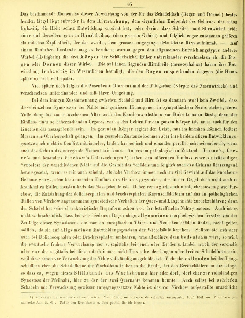 Das bestimmende Moment zu dieser Abweichung von der für das Schädeldach (Bögen und Dornen) beste- henden Regel liegt entweder in dem Hirnanhang, dem eigentlichen Endpunkt des Gehirns, der schon frühzeitig die Höhe seiner Entwicklung erreicht hat, oder darin, dass Scheitel- und Stirnwirbel beide einer und derselben grossen Hirnabtheilung (dem grossen Gehirn) und folglich enger zusammen gehören als mit dem Zapfentheil, der das zweite, dem grossen entgegengesetzte kleine Hirn aufnimmt. — Auf einem ähnlichen Umstande mag es beruhen, warum gegen den allgemeinen Entwicklungstypus anderer Wirbel (Heiligbein) die drei Körper der Schädelwirbel früher untereinander verschmelzen als die Bö- gen oder Dornen dieser Wirbel. Die auf ihnen liegenden Hirntheile (mesocephalum) haben ihre Ent- wicklung frühzeitig im Wesentlichen beendigt, die den Bögen entsprechenden dagegen (die Hemi- sphären) erst viel später. Viel später noch folgen die Nasenbeine (Dornen) und der Pflugschar (Körper des Nasenwirbels) und verschmelzen untereinander und mit ihrer Umgebung. Bei dem innigen Zusammenhang zwischen Schädel und Hirn ist es demnach wohl kein Zweifel, dass diese einzelnen Synostosen der Nähte mit gewissen Hirnorganen in sympathischem Nexus stehen, deren Vollendung bis zum erwachsenen Alter auch das Knochenwachsthum zur Ruhe kommen lässt; denn der Einfluss eines so beherrschenden Organs, wie es das Gehirn für den ganzen Körper ist, muss auch für den Knochen das massgebende sein. Im gesunden Körper regiert der Geist, nur im kranken können todtere Massen zur Oberherrschaft gelangen. Im gesunden Zustande kommen aber ihre beiderseitigen Entwicklungs- gesetze auch nicht in Conflict miteinander, laufen harmonisch und einander parallel nebeneinander ab, wenn auch das Gehirn das anregende Moment sein kann. Anders im pathologischen Zustand. Lucae’s, Cre- ve’s und besonders Virchow’s Untersuchungen J) haben den störenden Einfluss einer zu frühzeitigen Synostose der verschiedenen Nähte auf die Gestalt des Schädels und folglich auch des Gehirns überzeugend kerausgesetzt, wenn es mir auch scheint, als habe Virchow immer noch zu viel Gewicht auf das knöcherne Gehäuse gelegt, dem bestimmenden Einfluss des Gehirns gegenüber, das in der Regel doch wohl auch in krankhaften Fällen meistentheils das Massgebende ist. Daher vermag ich auch nicht, ebensowenig wie Vir- chow, die Entstehung der dolichocephalen und brachycephalen Ra^enschädelform auf das in pathologischen Fällen von Virchow angenommene synostotische Verhalten der Quer- und Längennähte zurückzuführen; denn der Schädel hat seine charakteristische Ra^enform schon vor der betreffenden Nahtsynostose. Auch ist es nicht wahrscheinlich, dass bei verschiedenen Ra^en obige allgemeinen morphologischen Gesetze von der Zeitfolge dieser Synostosen, die man an europäischen Thier- und Menschenschädeln findet, nicht gellen sollten, da sie auf allgemeinen Entwicklungsgesetzen der Wirbelsäule beruhen. Sollten sie sich aber auch bei Dolichocephalen oder Brachycephalen umkehren, was allerdings dann bedeutsam wäre, so wird die eventuelle frühere Verwachsung der s. sagittalis bei jenen oder die der s. lambd. nach der coronalis oder vor der sagittalis bei diesen doch immer nicht Ursache der langen oder breiten Schädelform sein, weil diese schon vor Verwachsung der Nähte vollständig ausgebildet ist. Vielmehr v o 11 e n d e n bei den Lang- schädlern eben die Scheitelbeine ihr Wachsthum früher in die Breite, bei den Breitschädlern in die Länge, so dass es, wegen dieses Stillstands des Wachsthums hier oder dort, dort eher zur vollständigen Synostose der Pfeilnaht, hier zu der der zwei Quernähte kommen könnte. Auch selbst bei schiefen Schädeln mit Verwachsung gewisser entgegengesetzter Nähte ist das von Virchow aufgestellte ursächliche 1) S. Lucae de symmetria et asymmetria. Marb. 1839. — Creve de calvariae osteogenia. Frcf. 1841. — Virchow ge- sammelte Abh. S. 891. Ueber den Kretinismus u. über pathol. Schädelformen.