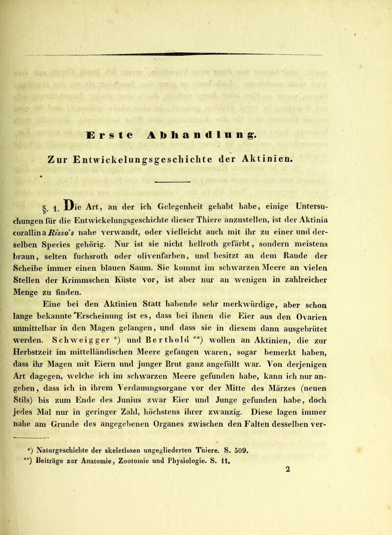 Erste Abhandlung. Zur Entwicklungsgeschichte der Aktinien. §. 1. Die Art, an der ich Gelegenheit gehabt habe, einige Untersu- chungen für die Entwickelungsgescliichte dieser Thiere anznstellen, ist der Aktinia corallin a Risso’s nahe verw andt, oder vielleicht auch mit ihr zu einer und der- selben Species gehörig. Nur ist sie nicht hellroth gefärbt, sondern meistens braun, selten fuchsroth oder olivenfarben, und besitzt an dem Rande der Scheibe immer einen blauen Saum. Sie kommt im schwarzen Meere an vielen Stellen der Krimmschen Küste vor, ist aber nur an wenigen in zahlreicher Menge zu finden. Eine bei den Aktinien Statt habende sehr merkwürdige, aber schon lange bekannte‘Erscheinung ist es, dass bei ihnen die Eier aus den Ovarien unmittelbar in den Magen gelangen, und dass sie in diesem dann ausgebrütet werden. Schweigger *) und Berthold **) wollen an Aktinien, die zur Herbstzeit im mittelländischen Meere gefangen waren, sogar bemerkt haben, dass ihr Magen mit Eiern und junger Brut ganz angefüllt war. Von derjenigen Art dagegen, welche ich im schwarzen Meere gefunden habe, kann ich nur an- geben, dass ich in ihrem Verdauungsorgane vor der Mitte des Märzes (neuen Stils) bis zum Ende des Junius zwar Eier und Junge gefunden habe, doch jedes Mal nur in geringer Zahl, höchstens ihrer zwanzig. Diese lagen immer nahe am Grunde des angegebenen Organes zwischen den Falten desselben ver- *) Naturgeschichte der skeletlosen ungegliederten Thiere. S. 509. **) Beiträge zur Anatomie, Zootomie und Physiologie. S. 11. 2