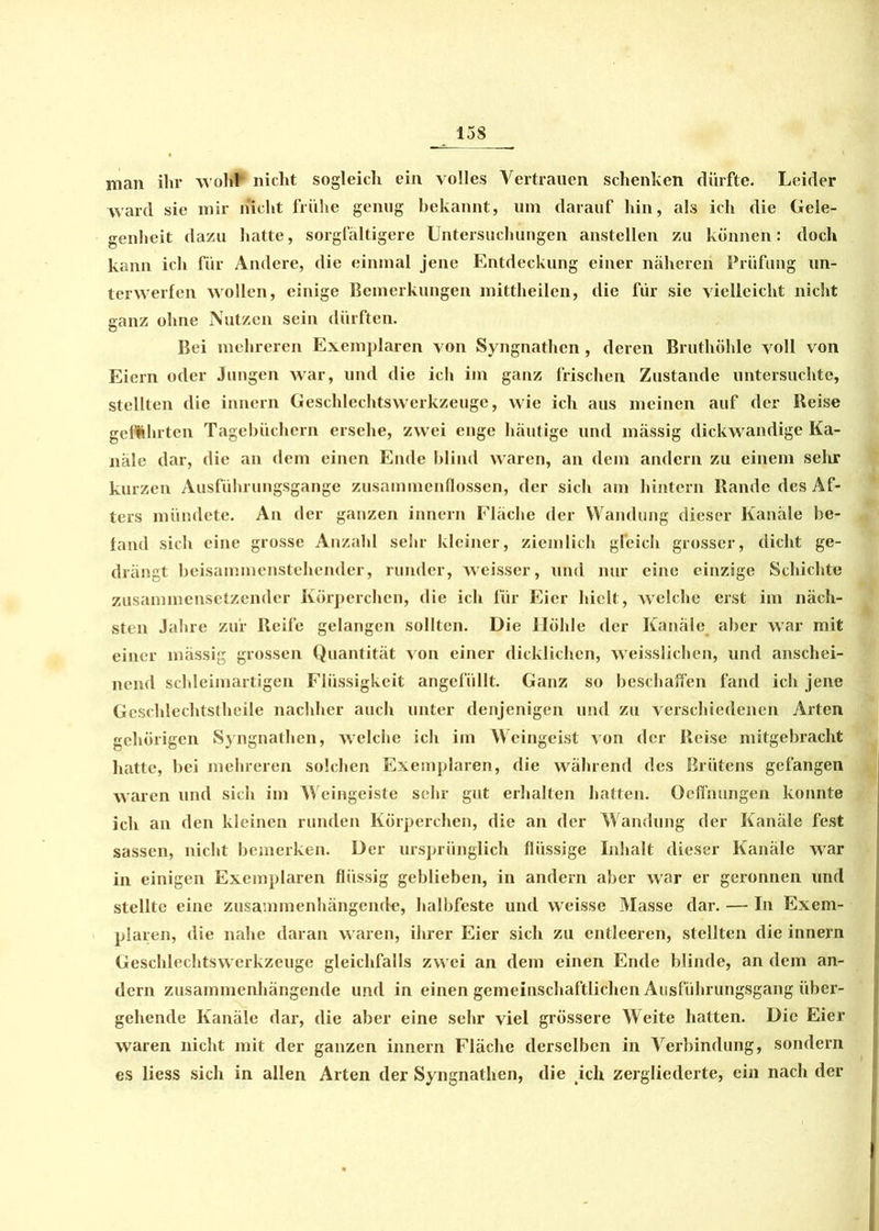 man ihr wohl nicht sogleich ein volles Vertrauen schenken dürfte. Leider ward sie mir nicht frühe genug bekannt, um darauf hin, als ich die Gele- genheit dazu hatte, sorgfältigere Untersuchungen anstellen zu können: doch kann ich für Andere, die einmal jene Entdeckung einer näheren Prüfung un- terwerfen wollen, einige Bemerkungen mittheilen, die für sie vielleicht nicht ganz ohne Nutzen sein dürften. Bei mehreren Exemplaren von Syngnathcn, deren Bruthöhle voll von Eiern oder Jungen war, und die ich im ganz frischen Zustande untersuchte, stellten die innern Geschlechtswerkzeuge, wie ich aus meinen auf der Reise geführten Tagebüchern ersehe, zwei enge häutige und mässig dickwandige Ka- näle dar, die an dem einen Ende blind waren, an dem andern zu einem selir kurzen Ausführungsgange Zusammenflossen, der sich am hintern Rande des Af- ters mündete. An der ganzen innern Fläche der Wandung dieser Kanäle be- fand sich eine grosse Anzahl sehr kleiner, ziemlich gleich grosser, dicht ge- drängt beisammenstehender, runder, weisser, und nur eine einzige Schichte zusammensetzender Körperchen, die ich für Eier hielt, welche erst im näch- sten Jahre zur Reife gelangen sollten. Die Höhle der Kanäle aber war mit einer mässig grossen Quantität von einer dicklichen, weisslichen, und anschei- nend schleimartigen Flüssigkeit angefüllt. Ganz so beschaffen fand ich jene Geschlechtstheile nachher auch unter denjenigen und zu verschiedenen Arten gehörigen Syngnathen, welche ich im Weingeist von der Reise mitgebracht hatte, bei mehreren solchen Exemplaren, die während des Brütens gefangen waren und sich im Weingeiste sehr gut erhalten hatten. Ocffnungen konnte ich an den kleinen runden Körperchen, die an der Wandung der Kanäle fest sassen, nicht bemerken. Der ursprünglich flüssige Inhalt dieser Kanäle war in einigen Exemplaren flüssig geblieben, in andern aber war er geronnen und stellte eine zusammenhängende, halbfeste und weisse Masse dar. — In Exem- plaren, die nahe daran wären, ihrer Eier sich zu entleeren, stellten die innern Geschlechtswerkzeuge gleichfalls zwei an dem einen Ende blinde, an dem an- dern zusammenhängende und in einen gemeinschaftlichen Ausführungsgang über- gehende Kanäle dar, die aber eine sehr viel grössere Weite hatten. Die Eier waren nicht mit der ganzen innern Fläche derselben in Verbindung, sondern es liess sich in allen Arten der Syngnathen, die ich zergliederte, ein nach der