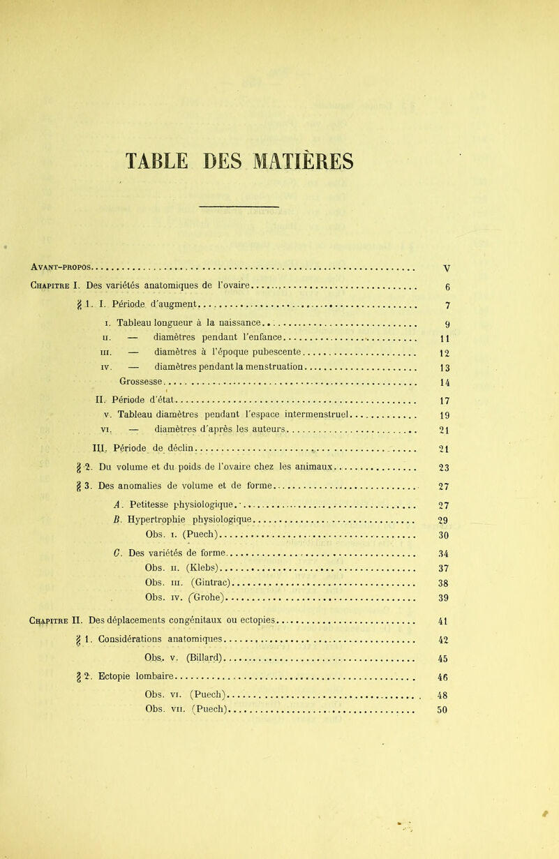 TABLE DES MATIÈRES Avant-propos V Chapitre I. Des variétés anatomiques de l’ovaire 6 jj l. I. Période d’augment 7 I. Tableau longueur à la naissance.. 9 II. — diamètres pendant l’enfance H in. — diamètres à l'époque pubescente 12 iv. — diamètres pendant la menstruation 13 Grossesse 14 II. Période d’état 17 v. Tableau diamètres pendant l’espace intermenstruel 19 vi. — diamètres d’après les auteurs 21 III. Période de déclin 21 ji 2. Du volume et du poids de l’ovaire chez les animaux 23 $ 3. Des anomalies de volume et de forme . 27 A. Petitesse physiologique.- 27 B. Hypertrophie physiologique 29 Obs. 1. (Puech) 30 G. Des variétés de forme 34 Obs. 11. (Klebs) 37 Obs. ni. (Gintrac) 38 Obs. iv. (Grohe) 39 Chapitre II. Des déplacements congénitaux ou ectopies 41 g 1. Considérations anatomiques 42 Obs. v. (Billard) 45 g 2. Bctopie lombaire 46 Obs. vi. (Puech). 48 Obs. vu. (Puech) 50