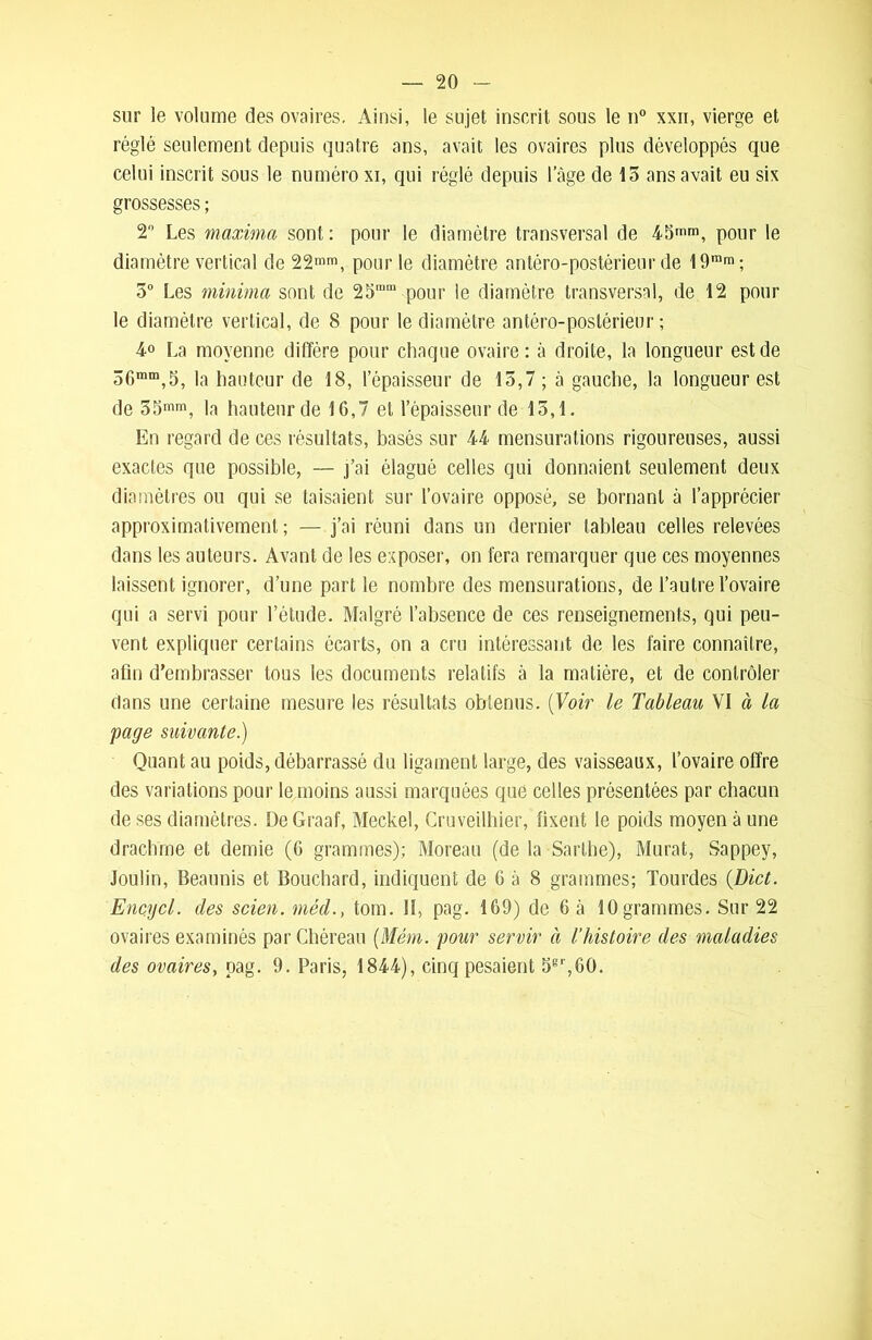 sur le volume des ovaires. Ainsi, le sujet inscrit sous le n° xxn, vierge et réglé seulement depuis quatre ans, avait les ovaires plus développés que celui inscrit sous le numéro xi, qui réglé depuis lage de 15 ans avait eu six grossesses ; 2° Les maxima sont : pour le diamètre transversal de 45mm, pour le diamètre vertical de 22mm, pour le diamètre antéro-postérieur de 19mm; 5° Les minima sont de 25mm pour le diamètre transversal, de 12 pour le diamètre vertical, de 8 pour le diamètre antéro-postérieur ; 4° La moyenne diffère pour chaque ovaire: à droite, la longueur est de 56mm,5, la hauteur de 18, l’épaisseur de 15,7 ; à gauche, la longueur est de 55mm, la hauteur de 16,7 et l’épaisseur de 15,1. En regard de ces résultats, basés sur 44 mensurations rigoureuses, aussi exactes que possible, — j’ai élagué celles qui donnaient seulement deux diamètres ou qui se taisaient sur l’ovaire opposé, se bornant à l’apprécier approximativement ; — j’ai réuni dans un dernier tableau celles relevées dans les auteurs. Avant de les exposer, on fera remarquer que ces moyennes laissent ignorer, d’une part le nombre des mensurations, de l’autre l’ovaire qui a servi pour l’étude. Malgré l’absence de ces renseignements, qui peu- vent expliquer certains écarts, on a cru intéressant de les faire connaître, afin d’embrasser tous les documents relatifs à la matière, et de contrôler dans une certaine mesure les résultats obtenus. (Voir le Tableau VI à la page suivante.) Quant au poids, débarrassé du ligament large, des vaisseaux, l’ovaire offre des variations pour le moins aussi marquées que celles présentées par chacun de ses diamètres. De Graaf, Meckel, Cruveilhier, fixent le poids moyen à une drachme et demie (6 grammes); Moreau (de la Sarthe), Murat, Sappey, Joulin, Beaunis et Bouchard, indiquent de 6 à 8 grammes; lourdes (Dict. Encycl. des scien. mêd., tom. Il, pag. 169) de 6 à 10 grammes. Sur 22 ovaires examinés par Chéreau (Mém. pour servir à l’histoire des maladies des ovaires, pag. 9. Paris, 1844), cinq pesaient 5g,',60.