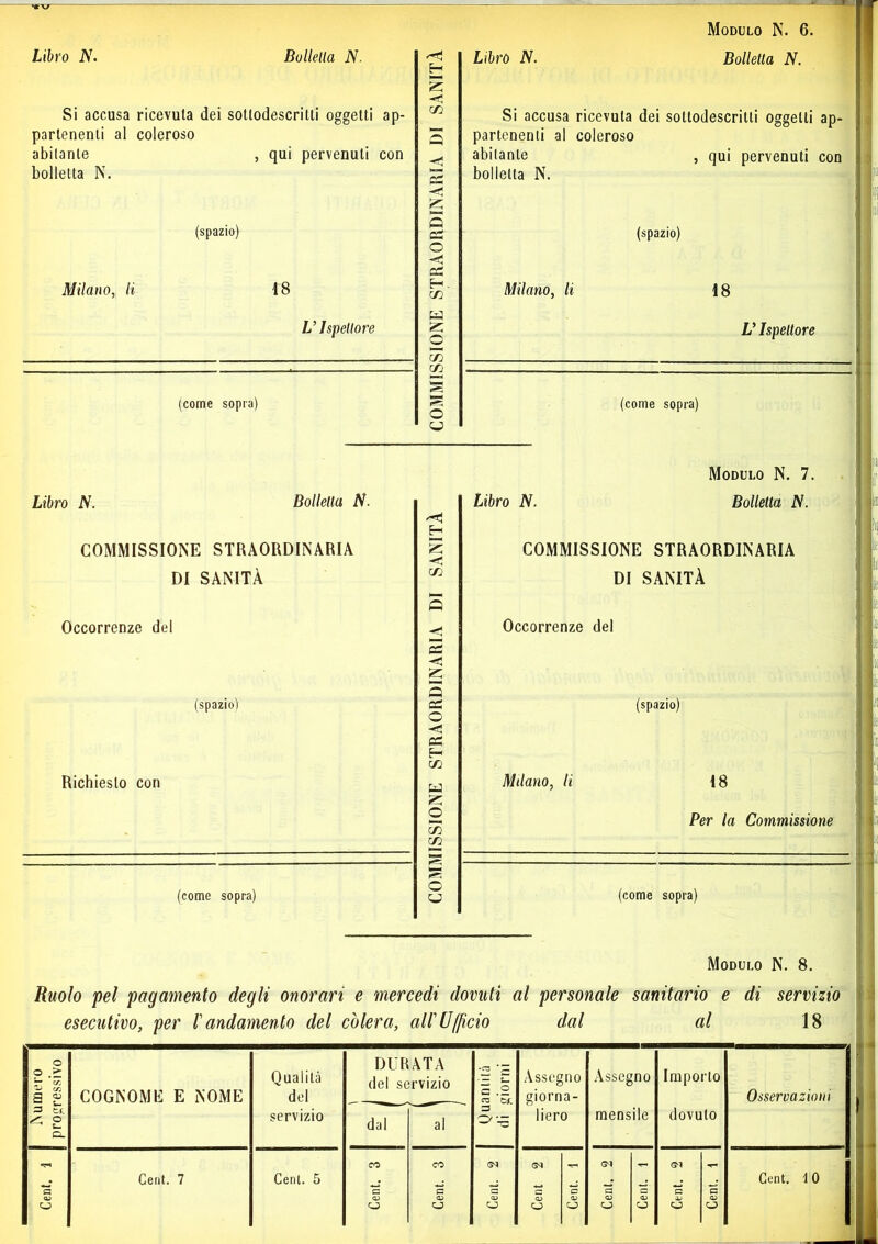 wxjr Libro N. Bolletta N. Si accusa ricevuta dei sotlodescritti oggetti ap- partenenti al coleroso abitante , qui pervenuti con bolletta N. (spazio) Milano, li 18 L’Ispettore (come sopra) Libro N. Bolletta N. COMMISSIONE STRAORDINARIA DI SANITÀ Occorrenze del (spazio) Richiesto con (come sopra) *4 H -si C/5 a ■*4 CS ■< Q cS O ■< cS E—. C/5 Ed O C/5 C/5 o <d> '-si -*1 C/5 a cs -si a OS o a e- C/5 Ed Z O C/5 C/5 O EJ Librò N. Modulo N. 6. Bolletta N. Si accusa ricevuta dei sottodescritli oggetti ap- partenenti al coleroso abitante , qui pervenuti con bolletta N. (spazio) Milano, li 18 V Ispettore (come sopra) Libro N. Modulo N. 7. Bolletta N. COMMISSIONE STRAORDINARIA DI SANITÀ Occorrenze del (spazio) Milano, li 18 Per la Commissione (come sopra) Modulo N. 8. Ruolo pel pagamento degli onorari e mercedi dovuti al personale sanitario e di servizio esecutivo, per l'andamento del colera, all'Ufficio dal al 18 E NOME Qualità del servizio DUR del se dal ATA rvizio al Quantità di giorni Assegno giorna- liero Assegno mensile Importo dovuto CO CO G'I <3^ G'I . a a a a c a a C a O U O Ò O O O Osservazioni