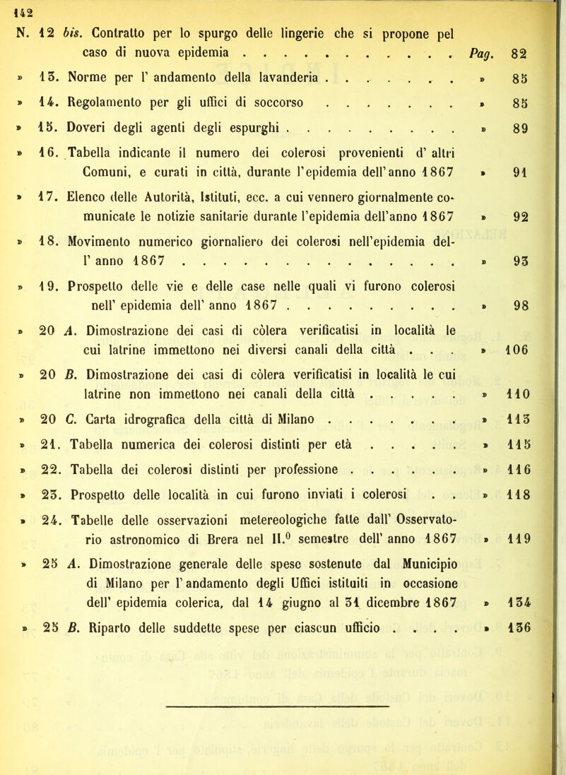 142 N. 4 2 bis. Contralto per lo spurgo delle lingerie che si propone pel caso di nuova epidemia Pag. 82 » 13. Norme per 1’ andamento della lavanderia ....... » 85 » 14. Regolamento per gli uffici di soccorso » 85 » 15. Doveri degli agenti degli espurghi » 89 » 16. Tabella indicante il numero dei colerosi provenienti d’ altri Comuni, e curati in città, durante l’epidemia dell’anno 1867 » 91 » 17. Elenco delle Autorità, Istituti, ecc. a cui vennero giornalmente co* municate le notizie sanitarie durante l’epidemia dell’anno 1867 » 92 » 18. Movimento numerico giornaliero dei colerosi nell’epidemia del- 1’ anno 1867 » 93 » 19. Prospetto delle vie e delle case nelle quali vi furono colerosi nell’ epidemia dell’ anno 1867 ......... » 98 » 20 A. Dimostrazione dei casi di còlerà verificatisi in località le cui latrine immettono nei diversi canali della città ... » 106 » 20 B. Dimostrazione dei casi di còlerà verificatisi in località le cui latrine non immettono nei canali della città » 110 » 20 C. Carta idrografica della città di Milano ....... » 113 » 21. Tabella numerica dei colerosi distinti per età » 115 » 22. Tabella dei colerosi distinti per professione » 116 » 23. Prospetto delle località in cui furono inviati i colerosi . . » 118 » 24. Tabelle delle osservazioni melereologiche fatte dall’ Osservato- rio astronomico di Brera nel II.0 semestre dell’anno 1867 » 119 » 25 A. Dimostrazione generale delle spese sostenute dal Municipio di Milano per l’andamento degli Uffici istituiti in occasione dell’ epidemia colerica, dal 14 giugno al 31 dicembre 1867 » 134 » 25 B. Riparto delle suddette spese per ciascun ufficio .... » 136