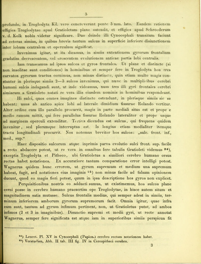 jrofundo, in Troglodyta Kil. vero concreverunt ponte 5 inin. lato. Eandem rationem effigies Troglodytae apud Gratioletum plane ostendit, et effigies apud Sehroederuin v. d. Kolk nobis videtur significare. Duo deinde illi Cynocephali transitum faciunt ad ceteras simias, in quibus brevis tantum sulcus in superficie inferiore disiunctionein inter lobum centralem et operculum significat. Invenimus igitur, ut ita dicamus, in simiis extentionem gyrorum frontalium gradatim decrescentem, vel crescentem evolutionem anticae partis lobi centralis. Iam transeamus ad ipsos sulcos et gyros frontales. Ut plane et distincte (si non insolitae sunt conditiones) in hominibus et semper fere in Troglodyta hos tres curvatos gyrorum tractus cernimus, non minus distincte, quin etiam multo magis con- stanter in plerisque simiis 2—3 sulcos invenimus, qui nunc in multiplicibus cerebri humani sulcis indagandi sunt, ut inde videamus, num tres illi gyri frontales cerebri simiarum a Gratioleto natati re vera illis eiusdem nominis in hominibus respondeant. Pii sulci, quos omnes imagines distincte ostendunt, in plerisque simiis sic se habent: unus ab antico apice lobi ad laterale dimidium fissurae Rolando vertitur. Alter ordine cum illo parallelo procurrit, magis in parte mediali situs est et prope e medio ramum mittit, qui fere parallelus fissurae Rolando lateraliter et prope usque ad marginem operculi extenditur. Tertius dicendus est sulcus, qui frequens quidem invenitur, sed plerumque interruptus est. Is longius etiam medialiter itemque tractu longitudinali procurrit. Nos notemus breviter hos sulcos: „sulc. front. inf., med., sup.“ Haec dispositio sulcorum atque inprimis parva evolutio sulci front. sup. facile a recto abducere potest, ut re vera in omnibus fere tabulis Gratioleti videmus 24), exceptis Troglodyta et Pitheco, ubi Gratioletus a similiori cerebro humano orsus rectas habet notationes. Ex accuratiore tantum comparatione error intelligi potest. Wagnerus quidem hunc errorem, ut gyrum supremum et medium una supremum habeat, fugit, sed notationes eius imaginis 25) non minus facile ad falsam opinionem ducunt, quod eo magis fieri potest, quum in ipsa descriptione hos gyros non explicet. Perquisitionibus nostris eo adducti sumus, ut existimemus, hos sulcos plane cerni posse in cerebro humano praesertim ope Troglodytae, in hisce autem situm et magnitudinem satis mutasse. Sulcus frontalis medius, qui semper adest in simiis, ter- minum inferiorem amborum gyrorum supremorum facit. Omnia igitur, quae infra eum sunt, tantum ad gyrum infimum pertinent, non, ut Gratioletus putat, ad ambos infimos (2 et 3 in imaginibus). Disunctio supremi et medii gyri, ut recte annotat Wagnerus, semper fere significata est atque iam in superioribus simiis perspicua fit 24) Leuret. Pl. XV in Cynocephali (Papion.) cerebro rectam notationem habet. 55) Vorstudien, Abh. II tab. III fig. IV in Cercopitheci cerebro. 3