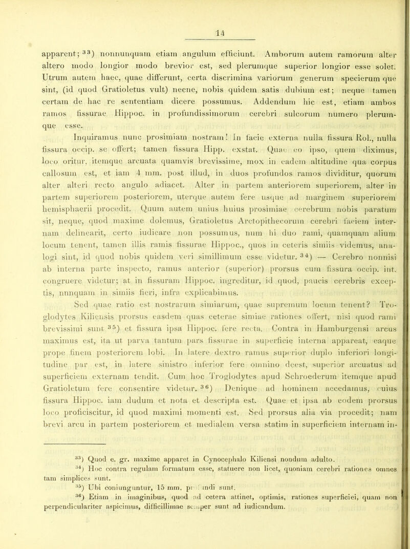 apparent; 33) nonnunquam etiam angulum efficiunt. Amborum autem ramorum alter altero modo longior modo brevior est, sed plerumque superior longior esse solet. Utrum autem haec, quae differunt, certa discrimina variorum generum specierum que sint, (id quod Gratioletus vult) necne, nobis quidem satis dubium est; neque tamen certam de hac re sententiam dicere possumus. Addendum hic est, etiam ambos ramos fissurae Hippoc. in profundissimorum cerebri sulcorum numero plerum- que esse. Inquiramus nunc prosimiam nostram! In facie externa nulla fissura Rol., nulla fissura occip. se offert; tamen fissura Hipp. exstat. Quae eo ipso, quem diximus, loco oritur, itemque arcuata quamvis brevissime, mox in eadem altitudine qua corpus callosum est, et iam 4 rnm. post illud, in duos profundos ramos dividitur, quorum alter alteri recto angulo adiacet. Alter in partem anteriorem superiorem, alter in partem superiorem posteriorem, uterque autem fere usque ad marginem superiorem hemisphaerii procedit. Quum autem unius huius prosirniae cerebrum nobis paratum sit, neque, quod maxime dolemus, Gratioletus Arctopithecorum cerebri faciem inter- nam delinearit, certo iudicare non possumus, num hi duo rami, quamquam alium locum tenent, tamen illis ramis fissurae Hippoc., quos in ceteris simiis videmus, ana- logi sint, id quod nobis quidem veri simillimum esse videtur. 34) — Cerebro nonnisi ab interna parte inspecto, ramus anterior (superior) prorsus cum fissura occip. int. congruere videtur; at in fissuram Hippoc. ingreditur, id quod, paucis cerebris excep- tis, nunquam in simiis fieri, infra explicabimus. Sed quae ratio est nostrarum simiarum, quae supremum locum tenent? Tro- glodytes Kiliensis prorsus easdem quas ceterae simiae rationes offert, nisi quod rami brevissimi sunt 35) et fissura ipsa Hippoc. fere recta. Contra in Hamburgensi arcus maximus est, ita ut parva tantum pars fissurae in superficie interna appareat, eaque prope finem posteriorem lobi. In latere dextro ramus superior duplo inferiori longi- tudine par est, in latere sinistro inferior fere omnino deest, superior arcuatus ad superficiem externam tendit. Cum hoc Troglodytes apud Schroederum itemque apud Gratioletum fere consentire videtur. 36) Denique ad hominem accedamus, cuius fissura Hippoc. iam dudum et nota et descripta est. Quae et ipsa ab eodem prorsus loco proficiscitur, id quod maximi momenti est. Sed prorsus alia via procedit; nam brevi arcu in partem posteriorem et medialem versa statim in superficiem internam in- a3) Quod e. gr. maxime apparet in Cynocephalo Kiliensi nondum adulto. 34 j Hoc contra regulam formatum esse, statuere non licet, quoniam cerebri rationes omnes tam simplices sunt. 35) Ubi coniunguntur, 15 mm. pr indi sunt. 36) Etiam in imaginibus, quod ad cetera attinet, optimis, rationes superficiei, quam non perpendiculariter aspicimus, difficillimae scmper sunt ad iudicandum.