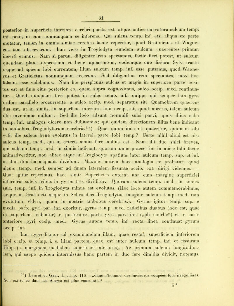 posterior in superficie inferiore cerebri posita, est, atque antice curvatura sulcum temp. inf. petit, in eum nonnunquam se inferens. Qui sulcus temp. inf. etsi aliqua ex parte mutatur, tamen in omnis simiae cerebro facile reperitur, quod Gratioletus et Wagne- rus iam observarunt. Iam vero in Troglodyta eundem sulcum uaerentes primum incerti erimus. Nam si parum diligenter rem spectamus, facile fieri potest, ut sulcum quendam plane expressum et bene apparentem, eodemque quo fissura Sylv. tractu usque ad apicem lobi currentem, illum sulcum temp. inf. esse putemus, quod Wagne- rus et Gratieletus nonnunquam fecerunt. Sed diligentius rem spectantes, mox hoc falsum esse videbimus. Nam hic perspicuus sulcus et magis in superiore parte posi- tus est et finis eius posterior eo, quem supra cognovimus, sulco oecip. med. continua- tur. Quod nunquam fieri potest in sulco temp. inf., quippe qui semper lato gyro ordine parallelo procurrente a sulco occip. med. separatus sit. Quamobrom quaeren- dus est, ut in simiis, in superficie inferiore lobi occip., at, quod mireris, talem sulcum illic invenimus nullum: Sed illo loco adsunt nonnulli sulci parvi, quos illius sulci ternp. inf. analogos dicere non dubitamus; qui quidem directionem illius bene indicant in ambobus Troglodytarum cerebris.57) Quae quum ita sint, quaeritur, quidnam sibi velit ille sulcus bene evolutus in laterali parte lobi temp.? Certe nihil aliud est nisi sulcus temp. med., qui in ceteris simiis fere nullus est. Nam illi duo sulci breves, qui sulcum temp. med. in simiis indicant, quorum unus praesertim in apice lobi facile animadvertitur, non aliter atque in Troglodyta spatium inter sulcum temp. sup. et inf. in duo dimidia aequalia dividunt. Maxime autem haec analogia eo probatur, quod ulcum temp. med. semper ad finem lateralem fissurae occip. ext. dirigi videmus. — Quae igitur reperimus, haec sunt: Superficies externa una cum margine superficiei inferioris sulcis tribus in gyros tres dividitur. Quorum sulcus temp. med. in simiis» sulc. temp. inf. in Troglodyta minus est evolutus. (Hoc loco autem commemorabimus, neque in Gratioleti neque in Schroederi Troglodytae imagine sulcum temp. med. tam evolutum videri, quam in nostris ambobus cerebris.). Gyrus igitur temp. sup. e media parte gyri par. inf. exoritur, gyrus temp. med. radicibus duabus (hoc est, quae in superficie videntur) e posteriore parte gyri par. inf. („pli courbe) et e parte anteriore gyri occip. med. Gyrus autem temp. inf. recta linea continuat gyrum occip. inf. Iam aggrediamur ad examinandam illam, quae restat, superficiem inferiorem lobi occip. et temp. i. e. illam partem, quae est inter sulcum temp. inf. et fissuram Hipp. (s. marginem medialem superficiei inferioris). Ac primum sulcum longitudina- lem, qui saepe quidem intermissus hanc partem in duo fere dimidia dividit, notemus. 57) Leuret et Grat. 1. c., p. 116: „dans Thomme des incisures ooupees fort irregulieres. Son exi-tence dans les Singes est plus constante. 6*