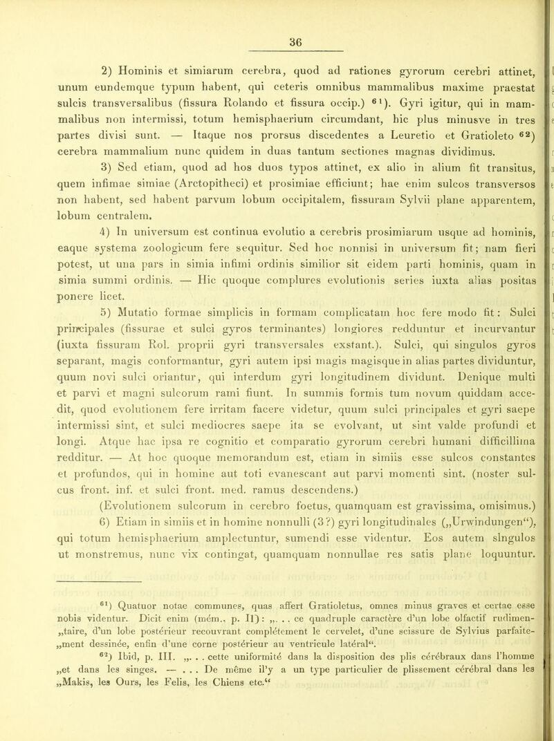 2) Hominis et simiarum cerebra, quod ad rationes gyrorum cerebri attinet, unum eundemque typum habent, qui ceteris omnibus mammalibus maxime praestat sulcis transversalibus (fissura Rolando et fissura occip.) 6l). Gyri igitur, qui in mam- malibus non intermissi, totum hemisphaerium circumdant, hic plus minusve in tres partes divisi sunt. — Itaque nos prorsus discedentes a Leuretio et Gratioleto 62) cerebra mammalium nunc quidem in duas tantum sectiones magnas dividimus. 3) Sed etiam, quod ad hos duos typos attinet, ex alio in alium fit transitus, quem infimae simiae (Arctopitheci) et prosimiae efficiunt; hae enim sulcos transversos non habent, sed habent parvum lobum occipitalem, fissuram Sylvii plane apparentem, lobum centralem. 4) In universum est continua evolutio a cerebris prosimiarum usque ad hominis, eaque systema zoologicum fere sequitur. Sed hoc nonnisi in universum fit; nam fieri potest, ut una pars in simia infimi ordinis similior sit eidem parti hominis, quam in simia summi ordinis. — Hic quoque complures evolutionis series iuxta alias positas ponere licet. 5) Mutatio formae simplicis in formam complicatam hoc fere modo fit: Sulci prirrcipales (fissurae et sulci gyros terminantes) longiores redduntur et incurvantur (iuxta fissuram Rol. proprii gyri transversales exstant.). Sulci, qui singulos gyros separant, magis conformantur, gyri autem ipsi magis magisque in alias partes dividuntur, quum novi sulci oriantur, qui interdum gyri longitudinem dividunt. Denique multi et parvi et magni sulcorum rami fiunt. In summis formis tum novum quiddam acce- dit, quod evolutionem fere irritam facere videtur, quum sulci principales et gyri saepe intermissi sint, et sulci mediocres saepe ita se evolvant, ut sint valde profundi et longi. Atque hac ipsa re cognitio et comparatio gyrorum cerebri humani difficillima redditur. — At hoc quoque memorandum est, etiam in simiis esse sulcos constantes et profundos, qui in homine aut toti evanescant aut parvi momenti sint, (noster sul- cus front. inf. et sulci front. med. ramus descendens.) (Evolutionem sulcorum in cerebro foetus, quamquam est gravissima, omisimus.) 6) Etiam in simiis et in homine nonnulli (3?) gyri longitudinales („Urvvindungen“), qui totum hemisphaerium amplectuntur, sumendi esse videntur. Eos autem singulos ut monstremus, nunc vix contingat, quamquam nonnullae res satis plane loquuntur. 61) Quatuor notae communes, quas affert Gratioletus, omnes minus graves et certae esse nobis videntur. Dicit enim (mdm., p. 11}: .. ce quadruple caract&re d’un lobe olfactif rudimen- „taire, d’un lobe post^rieur recouvrant completement le cervelet, d’une scissure de Sylvius parfaite- „ment dessinde, enfin d’une corne post^rieur au ventricule lat4ral“. 62) lbid, p. III. „. . . cette uniformitd dans la disposition des piis cdr^braux dans Thomme „et dans les singes. — ... De meme il’y a un type particulier de plissement ctjrebral dans les „Makis, lea Ours, les Felis, les Chiens etc.“