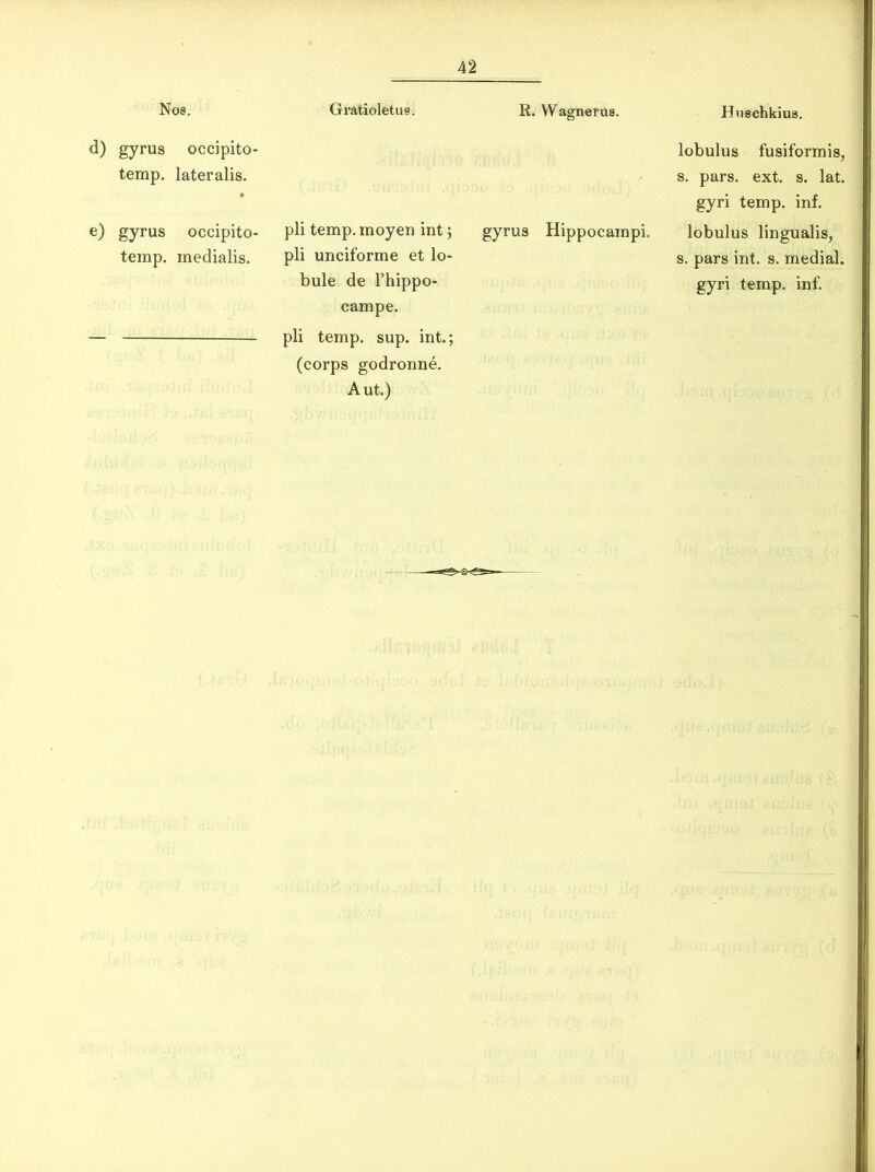 Nos. d) gyrus occipito- temp. lateralis. e) gyrus occipito- temp. medialis. Gratioletue. R. Wagnerus. pii temp.moyen int; gyrus Hippocampi, pii unciforme et lo- bule de Fhippo- campe. pii temp. sup. int.; (corps godronne. Aut.) Hnschkiua. lobulus fusiformis, s. pars. ext. s. lat. gyri temp. inf. lobulus lingualis, s. pars int. s. medial. gyri temp. inf.