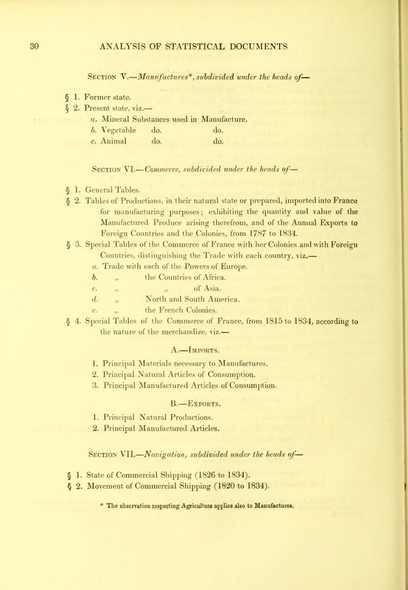 Section V.—Manu factures*, subdivided under the heads of-— § 1. Former state. § 2. Present state, viz.— a. Mineral Substances used in Manufacture. b. Vegetable do. do. c. Animal do. do. Section VI.— Commerce, subdivided under the heads of— § 1. General Tables. § 2. Tables of Productions, in their natural state or prepared, imported into France for manufacturing purposes; exhibiting the quantity and value of the Manufactured Produce arising therefrom, and of the Annual Exports to Foreign Countries and the Colonies, from 1787 to 1834. § 3. Special Tables of the Commerce of France with her Colonies and with Foreign Countries, distinguishing the Trade with each country, viz.— a. Trade with each of the Powers of Europe. b. „ the Countries of Africa. c. „ „ of Asia. d. „ North and South America. e. „ the French Colonies. § 4. Special Tables of the Commerce of France, from 1815 to 1834, according to the nature of the merchandize, viz.— A. —Imports. 1. Principal Materials necessary to Manufactures. 2. Principal Natural Articles of Consumption. 3. Principal Manufactured Articles of Consumption. B. —Exports. 1. Principal Natural Productions. 2. Principal Manufactured Articles. Section VII.—Navigation, subdivided under the heads of— § 1. State of Commercial Shipping (1826 to 1834). § 2. Movement of Commercial Shipping (1820 to 1834). The observation respecting Agriculture applies also to Manufactures.