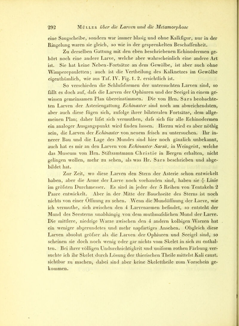 eine Saugscheibe, sondern war immer blasig und ohne Kalkfigur, nur in der Ringelung waren sie gleich, so wie in der gesprenkelten Beschaffenheit. Zu derselben Gattung mit den eben beschriebenen Echinodermen ge- hört noch eine andere Larve, welche aber wahrscheinlich eine andere Art ist. Sie hat keine Neben-Fortsätze an dem Gewölbe, ist aber auch ohne Wimperepauletten; auch ist die Vertheilurig des Kalknetzes im Gewölbe eigenthümlich, wie aus Taf. IV. Fig. 1.2. ersichtlich ist. So verschieden die Schlufsformen der untersuchten Larven sind, so fällt es doch auf, dafs die Larven der Ophiuren und der Seeigel in einem ge- wissen gemeinsamen Plan übereinstimmen. Die von Hrn. Sars beobachte- ten Larven der Asteriengattung Echinaster sind noch am abweichendsten, aber auch diese fügen sich, zufolge ihrer bilateralen Fortsätze, dem allge- meinen Plan; daher läfst sich vermuthen, dafs sich für alle Echinodermen ein analoger Ausgangspunkt wird finden lassen. Hierzu wird es aber nöthig sein, die Larven der Echinaster von neuem frisch zu untersuchen. Ihr in- nerer Bau und die Lage des Mundes sind hier noch gänzlich unbekannt, auch hat es mir an den Larven von Echinaster Sarsii, in Weingeist, welche das Museum von Hrn. Stiftsamtmann Christie in Bergen ei’halten, nicht gelingen wollen, mehr zu sehen, als was Hr. Sars beschrieben und abge- bildet hat. Zur Zeit, wo diese Larven den Stern der Asterie schon entwickelt haben, aber die Arme der Larve noch vorhanden sind, haben sie -f- Linie im gröfsten Durchmesser. Es sind in jeder der 5 Reihen von Tentakeln 2 Paare entwickelt. Aber in der Mitte der Bauchseite des Sterns ist noch nichts von einer Öffnung zu sehen. Wenn die Mundöffnung der Larve, wie ich vermuthe, sich zwischen den 4 Larvenarmen befindet, so entsteht der Mund des Seesterns unabhängig von dem muthmafslichen Mund der Larve. Die mittlere, niedrige Warze zwischen den 4 andern kolbigen Warzen hat ein weniger abgerundetes und mehr napfartiges Ansehen. Obgleich diese Larven absolut gröfser als die Larven der Ophiuren und Seeigel sind, so scheinen sie doch noch wenig oder gar nichts vom Skelet in sich zu enthal- ten. Bei ihrer völligen Undurchsichtigkeit und uniform rothen Färbung ver- suchte ich ihr Skelet durch Lösung der thierischen Theile mittelst Kali caust. sichtbar zu machen, dabei sind aber keine Skelettheile zum Vorschein ge- kommen.