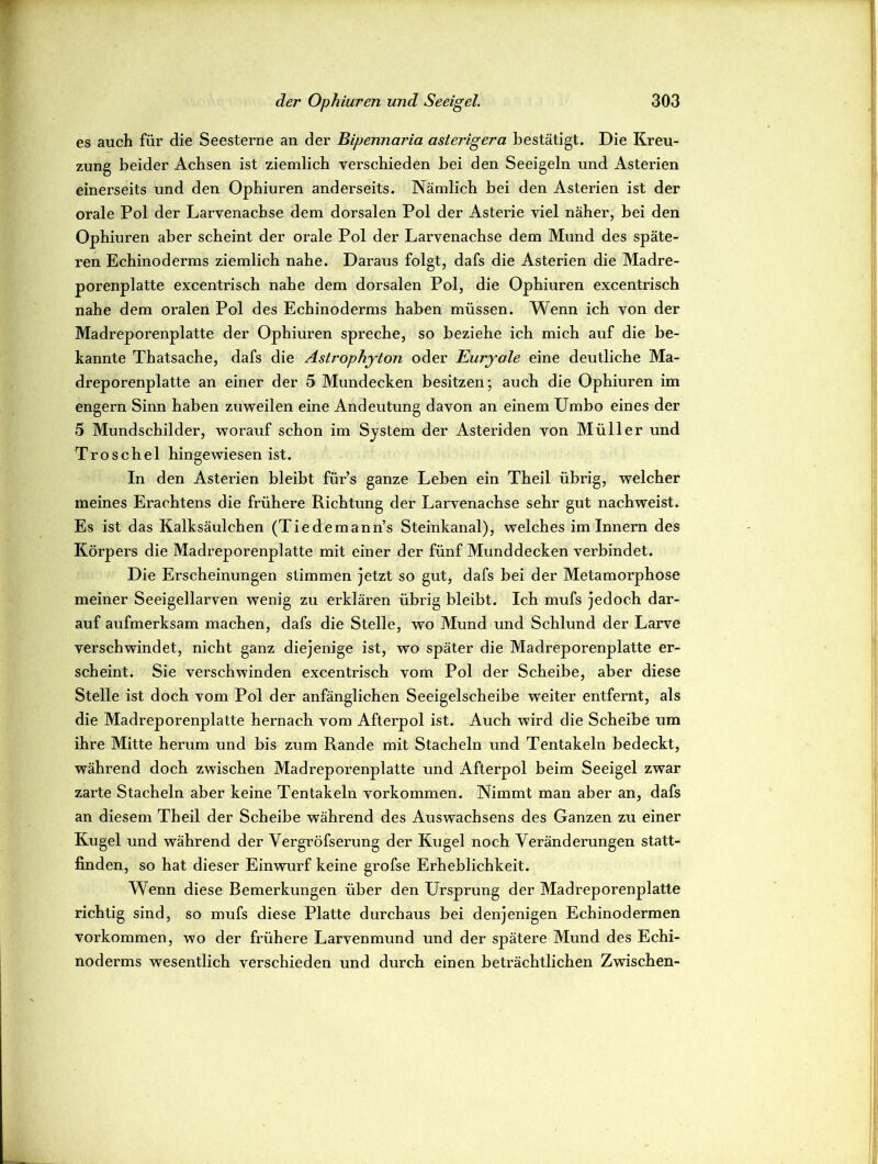 es auch für die Seesterne an der Bipennaria asterigera bestätigt. Die Kreu- zung beider Achsen ist ziemlich verschieden bei den Seeigeln und Asterien einerseits und den Ophiuren anderseits. Nämlich bei den Asterien ist der orale Pol der Larvenachse dem dorsalen Pol der Asterie viel näher, bei den Ophiuren aber scheint der orale Pol der Larvenachse dem Mund des späte- ren Echinoderms ziemlich nahe. Daraus folgt, dafs die Asterien die Madre- porenplatte excentrisch nahe dem dorsalen Pol, die Ophiuren excentrisch nahe dem oralen Pol des Echinoderms haben müssen. Wenn ich von der Madreporenplatte der Ophiuren spreche, so beziehe ich mich auf die be- kannte Thatsache, dafs die Astrophyton oder Buryale eine deutliche Ma- dreporenplatte an einer der 5 Mundecken besitzen; auch die Ophiuren im engern Sinn haben zuweilen eine Andeutung davon an einem Umbo eines der 5 Mundschilder, worauf schon im System der Asteriden von Müller und Troschel hingewiesen ist. In den Asterien bleibt fürs ganze Leben ein Theil übrig, welcher meines Erachtens die frühere Richtung der Larvenachse sehr gut nachweist. Es ist das Kalksäulchen (Tiedemann’s Steinkanal), welches im Innern des Körpers die Madreporenplatte mit einer der fünf Mund decken verbindet. Die Erscheinungen stimmen jetzt so gut, dafs bei der Metamorphose meiner Seeigellarven wenig zu erklären übrig bleibt. Ich mufs jedoch dar- auf aufmerksam machen, dafs die Stelle, wo Mund und Schlund der Larve verschwindet, nicht ganz diejenige ist, wo später die Madreporenplatte er- scheint. Sie verschwinden excentrisch vom Pol der Scheibe, aber diese Stelle ist doch vom Pol der anfänglichen Seeigelscheibe weiter entfernt, als die Madreporenplatte hernach vom Afterpol ist. Auch wird die Scheibe um ihre Mitte herum und bis zum Rande mit Stacheln und Tentakeln bedeckt, während doch zwischen Madreporenplatte und Afterpol beim Seeigel zwar zarte Stacheln aber keine Tentakeln Vorkommen. Nimmt man aber an, dafs an diesem Theil der Scheibe während des Auswachsens des Ganzen zu einer Kugel und während der Vergröfserung der Kugel noch Veränderungen statt- finden, so hat dieser Einwurf keine grofse Erheblichkeit. Wenn diese Bemerkungen über den Ursprung der Madreporenplatte richtig sind, so mufs diese Platte durchaus bei denjenigen Echinodermen Vorkommen, wo der frühere Larvenmund und der spätere Mund des Echi- noderms wesentlich verschieden und durch einen beträchtlichen Zwischen-