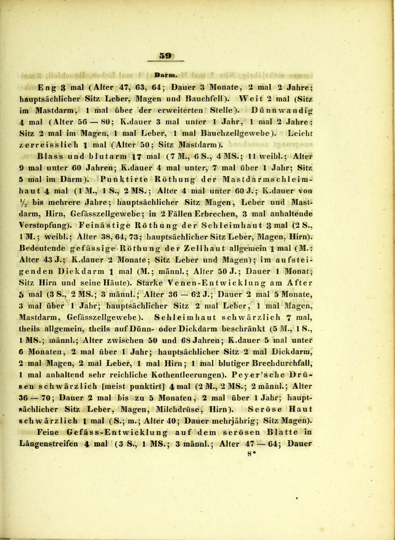 Darm. Eng 3 mal (Alter 47, 63, 64; Dauer 3 Monate, 2 mal 2 Jahre; hauptsächlicher Sitz Leber, Magen und Bauchfell). Weit 2 mal (Sitz im Mastdarm, 1 mal über der erweiterten Stelle). Dünnwandig 4 mal (Alter 56 — 80; K.dauer 3 mal unter 1 Jahr, 1 mal 2 Jahre; Sitz 2 mal im Magen, 1 mal Leber, 1 mal Bauchzellgewebe). Leicht zerreisslich 1 mal (Alter 50; Sitz Mastdarm). Blass und blutarm 17 mal (7M., 6 S., 4 MS.; 11 weibl.; Alter 9 mal unter 60 Jahren; K.dauer 4 mal unter, 7 mal über 1 Jahr; Sitz 5 mal im Darm). Punktirte Röthung der Mastdarmschleim- haut 4 mal (1 M., 1 S., 2 MS.; Alter 4 mal unter 60 J.; K.dauer von y2 bis mehrere Jahre; hauptsächlicher Sitz Magen, Leber und Mast- darm, Hirn, Gefässzellgewebe; in 2 Fällen Erbrechen, 3 mal anhaltende Verstopfung). Feinästige Röthung der Schleimhaut 3 mal (2 S., IM.; weibl.; Alter 38,64,73; hauptsächlicher Sitz Leber, Magen, Hirn). Bedeutende gefässige Röthung der Zellhaut allgemein 1 mal (M.; Alter 43 J.; K.dauer 2 Monate; Sitz Leber und Magen); im aufstei- genden Dickdarm 1 mal (M.; männl.; Alter 50 J.; Dauer 1 Monat; Sitz Hirn und seine Häute). Starke Venen-Entwicklung am After 5 mal (3 S., 2 MS.; 3 männl.; Alter 36 — 62 J.; Dauer 2 mal 5 Monate, 3 mal über 1 Jahr; hauptsächlicher Sitz 2 mal Leber, 1 mal Magen, Mastdarm, Gefässzellgewebe). Schleimhaut schwärzlich 7 mal, theils allgemein, theils auf Dünn- oder Dickdarm beschränkt (5 M., 1 S., IMS.; männl.; Alter zwischen 50 und 68 Jahren; K.dauer 5 mal unter 6 Monaten, 2 mal über 1 Jahr; hauptsächlicher Sitz 2 mal Dickdarm, 2 mal Magen, 2 mal Leber, 1 mal Hirn; 1 mal blutiger Brechdurchfall, 1 mal anhaltend sehr reichliche Kothentleerungen). Peyer’sche Drü- sen schwärzlich [meist punktirt] 4mal (2M., 2MS.; 2männl.; Alter 36 — 70; Dauer 2 mal bis zu 5 Monaten, 2 mal über 1 Jahr; haupt- sächlicher Sitz Leber, Magen, Milchdrüse, Hirn). Seröse Haut schwärzlich 1 mal (S.; m.; Alter 40; Dauer mehrjährig; Sitz Magen). Feine Gefäss-Entwicklnng auf dem serösen Blatte in Längenstreifen 4 mal (3 S., 1 MS.; 3 männl.; Alter 47 — 64; Dauer 8*