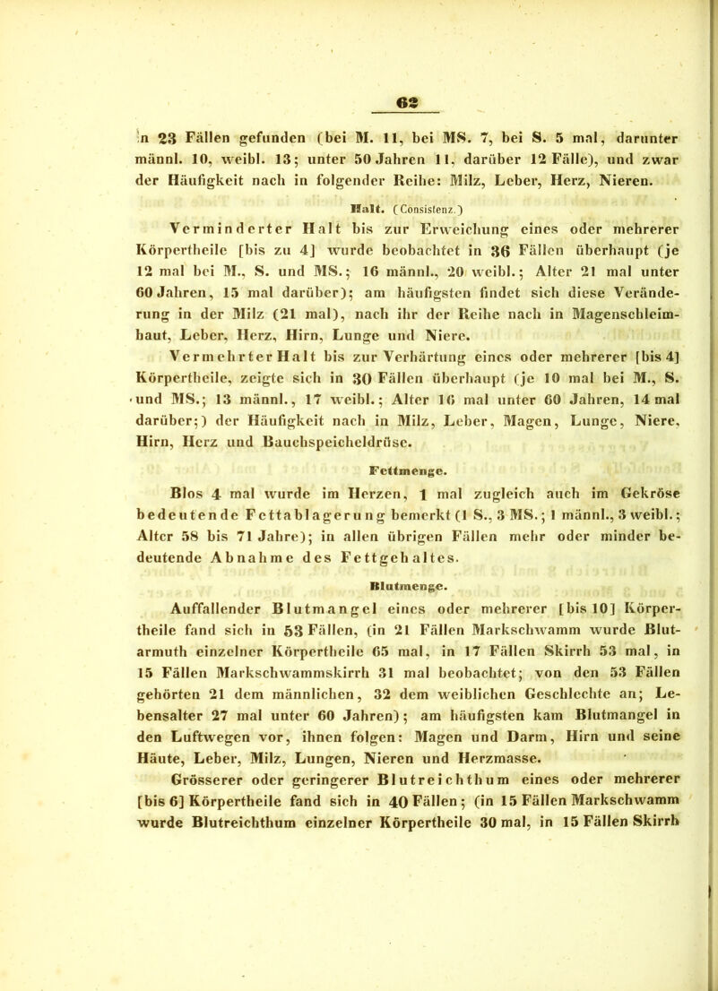 63 ;n 23 Fällen gefunden (bei M. 11, bei MS. 7, bei S. 5 mal, darunter männl. 10, weibl. 13; unter 50 Jahren 11, darüber 12 Fälle), und zwar der Häufigkeit nach in folgender Reihe: Milz, Leher, Herz, Nieren. Halt. (Consistenz.) Vermin d erter Halt b is zur Erweichung eines oder mehrerer Körpertheile [his zu 4J wurde beobachtet in 36 Fällen überhaupt (je 12 mal bei M., S. und MS.; 16 männl., 20 weibl.; Alter 21 mal unter 60 Jahren, 15 mal darüber); am häufigsten findet sich diese Verände- rung in der Milz (21 mal), nach ihr der Reihe nach in Magenschleim- haut, Leber, Herz, Hirn, Lunge und Niere. Vermehrter Halt bis zur Verhärtung eines oder mehrerer [bis 4] Körpertheile, zeigte sich in 30 Fällen überhaupt (je 10 mal bei M., S. • und MS.; 13 männl., 17 weibl.; Alter 16 mal unter 60 Jahren, 14 mal darüber;) der Häufigkeit nach in Milz, Leber, Magen, Lunge, Niere, Hirn, Herz und Bauchspeicheldrüse. Fcttmenge. Bios 4 mal wurde im Herzen, 1 mal zugleich auch im Gekröse bedeutende Fettablagerung bemerkt (1 S., 3 MS.; I männl., 3 weibl.; Alter 58 bis 71 Jahre); in allen übrigen Fällen mehr oder minder be- deutende Abnahme des Fettgeh altes. Blutmenge. Auffallender Blutmangel eines oder mehrerer [bis 10] Körper- theile fand sich in 53 Fällen, (in 21 Fällen Markschwamm wurde Blut- ' armuth einzelner Körpertheile 65 mal, in 17 Fällen Skirrh 53 mal, in 15 Fällen Markschwammskirrh 31 mal beobachtet; von den 53 Fällen gehörten 21 dem männlichen, 32 dem weiblichen Geschlcchte an; Le- bensalter 27 mal unter 60 Jahren); am häufigsten kam Blutmangel in den Luftwegen vor, ihnen folgen: Magen und Darm, Hirn und seine Häute, Leber, Milz, Lungen, Nieren und Herzmasse. Grösserer oder geringerer Blutreichthum eines oder mehrerer [bis 6] Körpertheile fand sich in 40 Fällen; (in 15 Fällen Markschwamm wurde Blutreichthum einzelner Körpertheile 30 mal, in 15 Fällen Skirrh