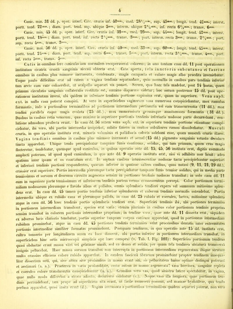 Cunic. ffiin. 31 dd. p. oper. inlerf. Cire, cruris iaf. 40»'°., med. 28 Va»*-, sup. 451»-; loisgit. tend. 42uun>; interst. portt. tend. 22,nin-; diam. port. tend. sup. ubique 5>mn-, interm. ubique 2 inf. recta transv. 610- Cunic. min. 45 dd. p. oper. interf. Cire, cruris inf. 311C'% med. 26,aus sup. 44t«m.; longit. tend. 42'*'>«-; interst. portt. tend. 18,nm-; diam. port. tend. inf. recta 2l4uim-, transv. port. interm. recta 3m,n-, transv. 2V2“«.; p0rt. sup. recta 4,,,m-, transv. 3snm-. Cunic. mai. 56 dd. p. oper. interf. Cire, cruris inf. 40i,!m-, med. 33:;lin-, sup. 60mt>.; longit. tend. 45min-; interst. portt. tend. 24mm-; diam. port. tend. sup. recta 6mu><, transv. 5m,n-, port. interm. recta 3'/>mm’, transv. 4mm-, port. inf. recta 5mm-, transv. 5,n,n- Cutis in omnibus fere cuniculis iam normalem recuperaverat colorem; in uno tantum casu dd. 11 post operationem institutam cicatrix crusta sanguinis siccati obtecta erat. Cute aperta, tela i unctoria subcutanea et fasciae omnibus in casibus plus minusve incrassata, condensata, magis compacta et colore magis albo praedita inveniebatur. Usque paulo difficilius erat ad cutem a vagina tendinis separandam, quin nonnullis in casibus pars tendinis inferior tam arcte cum cute cohaerebat, ut scalpello separari vix posset. Serum, quo haec tela madebat, post 14 horas, quum primum circulatio sanguinis collateralis restituta est, omnino disparere videtur; hoc serum postremo 15 dd. post ope- rationem institutam inveni, ubi quidem in inferiore tendinis portione copiosius erat, quam in superiore. Vena saph. ext. in nullo casu poterat conspici. At vero in superficiebus vaginarum vasa numerosa conspiciebantur, mox ramulos formantia, inde a portionibus terminalibus ad portionem intermediam pertinentia vel eam transcurrentia (11 dd.), mox tendini parallela eaque magis evoluta (25 dd.), mox numerosiora grossasque anastomoses formantia (31 dd.). Duobus in casibus retia venarum, quae maxime in superiore portionis tendinis inferioris nodosae parte decurrebant, evo- lutione admodum profecta erant. In casu dd. 56 autem vena saph. ext. in superiore tendinis portione etiamtunc conspi- ciebatur, ibi vero, ubi portio intermedia incipiebat, subito finiens in multos subtiliores ramos dissolvebatur. Musculi cruris, in quo operatio instituta erat, minoris voluminis et pallidioris coloris solebant esse, quam musculi cruris illaesi. Vagina tendinis omnibus in casibus plus minusve incrassata et semel (15 dd.) pigmento sanguinis vetusto decolore tincta apparebat. Ubique tendo percipiebatur tamquam funis continuus, solidus, qui tum primum, quum crus magis tlecteretur, tendebatur, quemque apud cuniculos, in quibus operatio ante dd. 15, 45, 56 instituta erat, digitis commode amplecti poteram, id quod apud cuniculum, in quo ante dd. 9 operatio instituta erat, nisi vi adhibita non licuit: adeo spatium inter ipsam et os coartatum erat. In septem casibus intumescentlae nodosae tactu percipiebantur superiori et inferiori tendinis portioni respondentes, quarum inferior in quatuor saltem casibus, quos notavi (9, 11, 21, 29 dd.), crassior erat superiore. Porlio intermedia plerumque tactu percipiebatur tanquam funis tenuior solidus, qui in media parte tenuissimus et sursum et deorsum circuitu augescens sensim in portiones tendinis nodosas transibat; in solo casu dd. 11 eum in superiore parte tenuissimum et inferiorem tendinis partem versus crassescentem percepi. Color portionum termi- nalium nodosarum plerumque e flavido albus et pallidus, omnis splendoris tendinei expers vel summum mitissime splen- dens erat. In casu dd. 45 tamen portio tendinis inferior splendorem et. colorem tendinis normalis ostendebat. Portio intermedia ubique ex rubido cana et plerumque pallida, in casu dd. 25 rubida et coerulea, lactea, mitissime splendens atque in casu dd. 56 haec tendinis portio splendoris tendinei erat. Superficiei tendinis ibi, ubi portiones terminales in portionem intermediam transibant, species erat varia: etenim plurimis in casibus color portionum tendinis proprius sensim transibat in colorem portionis intermediae proprium; in tendine vero, quae ante dd. 11 dissecta erat., siquidem ex adverso lucis clarioris tenebatur, portio superior tanquam corpus conicum apparebat, quod in portionem intermediam rubidam prominebat, atque in casu dd. 45 portiones tendinis terminales veiut processibus dentatis inter extremitates portionis intermediae similiter formatas prominebant. Postquam tendinem, in qua operatio ante 15 dd. instituta erat, cultro tonsorio per longitudinem suam eo loco dissecui, ubi portio inferior in portionem intermediam transibat, in superficiebus bine ortis microscopii simplicis ope haec conspexi (v. Tab. 1. Fig. 103): Superficies portionum tendinis quasi obductae erant massa vitri vel gelatinae simili, sed ea densa et solida, per quam tela tendinea striatura transversa insignis pelluccbat. Haec massa sursum transibat non interrupta in portionem intermediam regeneratam ibique stratum multo crassius efficiens colore rubido apparebat. In eandem fasciculi fibrarum prominebant propter tendinem inaequa- liter dissectam orti, qui, sive altius sive profundius in massa erant siti, ob pellucitatem huius optime distingui poterant et aestimari (a. a.). Praeterea in varia profunditate, certo autem in massa regenerata! vasa breviora, sanguine repleta et coeruleo colore translucentia conspiciebantur (a. L). Grandius vero vas, quod sinistro latere spectabitur, in vagina, quae nullo modo differebat a strato adiecto, decurrere videbatur (c.). Neque vasa illa longiora, quae portionem ten- dinis pertendebant, tam prope ad superficiem sita erant, ut facile removeri possent, sed massae hyaloideae, qua tendo perfusa apparebat, quasi insita erant (d.). Vagina incrassata a portionibus terminalibus quidem separari poterat, non vero