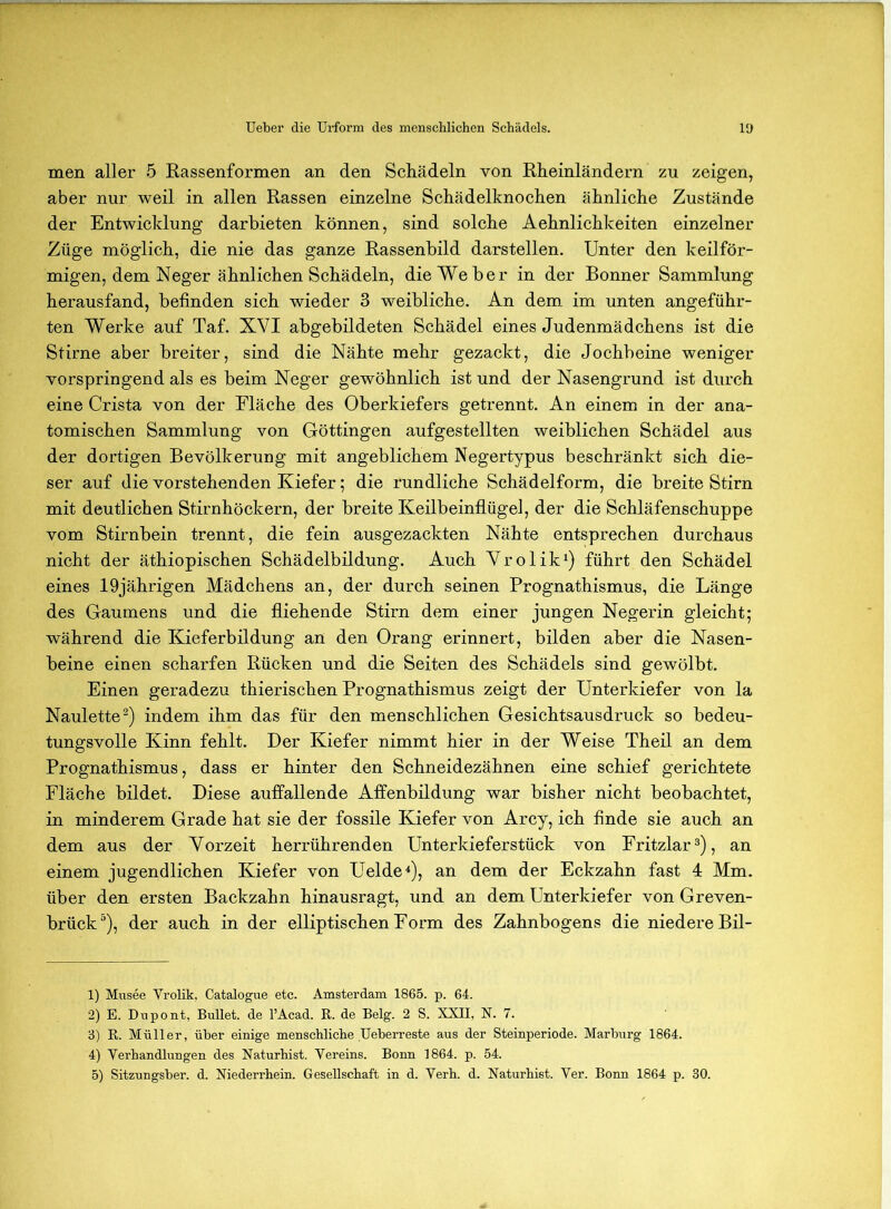men aller 5 Rassenformen an den Schädeln von Rheinländern zu zeigen, aber nur weil in allen Rassen einzelne Schädelknochen ähnliche Zustände der Entwicklung darbieten können, sind solche Aehnlichkeiten einzelner Züge möglich, die nie das ganze Rassenhild darstellen. Unter den keilför- migen, dem Neger ähnlichen Schädeln, die Weher in der Bonner Sammlung herausfand, befinden sich wieder 3 weibliche. An dem im unten angeführ- ten Werke auf Taf. XVI abgebildeten Schädel eines Judenmädchens ist die Stirne aber breiter, sind die Nähte mehr gezackt, die Jochbeine weniger vorspringend als es beim Neger gewöhnlich ist und der Nasengrund ist durch eine Crista von der Fläche des Oberkiefers getrennt. An einem in der ana- tomischen Sammlung von Göttingen aufgestellten weiblichen Schädel aus der dortigen Bevölkerung mit angeblichem Negertypus beschränkt sich die- ser auf die vorstehenden Kiefer ,• die rundliche Schädelform, die breite Stirn mit deutlichen Stirnhöckern, der breite Keilbeinflügel, der die Schläfenschuppe vom Stirnbein trennt, die fein ausgezackten Nähte entsprechen durchaus nicht der äthiopischen Schädelbildung. Auch Vrolik^) führt den Schädel eines 19jährigen Mädchens an, der durch seinen Prognathismus, die Länge des Gaumens und die fliehende Stirn dem einer jungen Negerin gleicht; während die Kieferbildung an den Orang erinnert, bilden aber die Nasen- beine einen scharfen Rücken und die Seiten des Schädels sind gewölbt. Einen geradezu thierischen Prognathismus zeigt der Unterkiefer von la Naulette^) indem ihm das für den menschlichen Gesichtsausdruck so bedeu- tungsvolle Kinn fehlt. Der Kiefer nimmt hier in der Weise Theil an dem Prognathismus, dass er hinter den Schneidezähnen eine schief gerichtete Fläche bildet. Diese auffallende Affenbildung war bisher nicht beobachtet, in minderem Grade hat sie der fossile Kiefer von Arcy, ich finde sie auch an dem aus der Vorzeit herrührenden Unterkieferstück von Fritzlar®), an einem jugendlichen Kiefer von Uelde ^), an dem der Eckzahn fast 4 Mm. über den ersten Backzahn hinausragt, und an dem Unterkiefer von Greven- brück “), der auch in der elliptischen Form des Zahnbogens die niedere Bil- 1) Musee Vrolik, Catalogue etc. Amsterdam 1865. p. 64. 2) E. Dnpont, Bullet, de l’Acad. R. de Belg. 2 S. XXII, N. 7. 3) R. Müller, über einige menschliche Ueberreste aus der Steinperiode. Marburg 1864. 4) Verhandlungen des Naturhist. Vereins. Bonn 1864. p. 54.