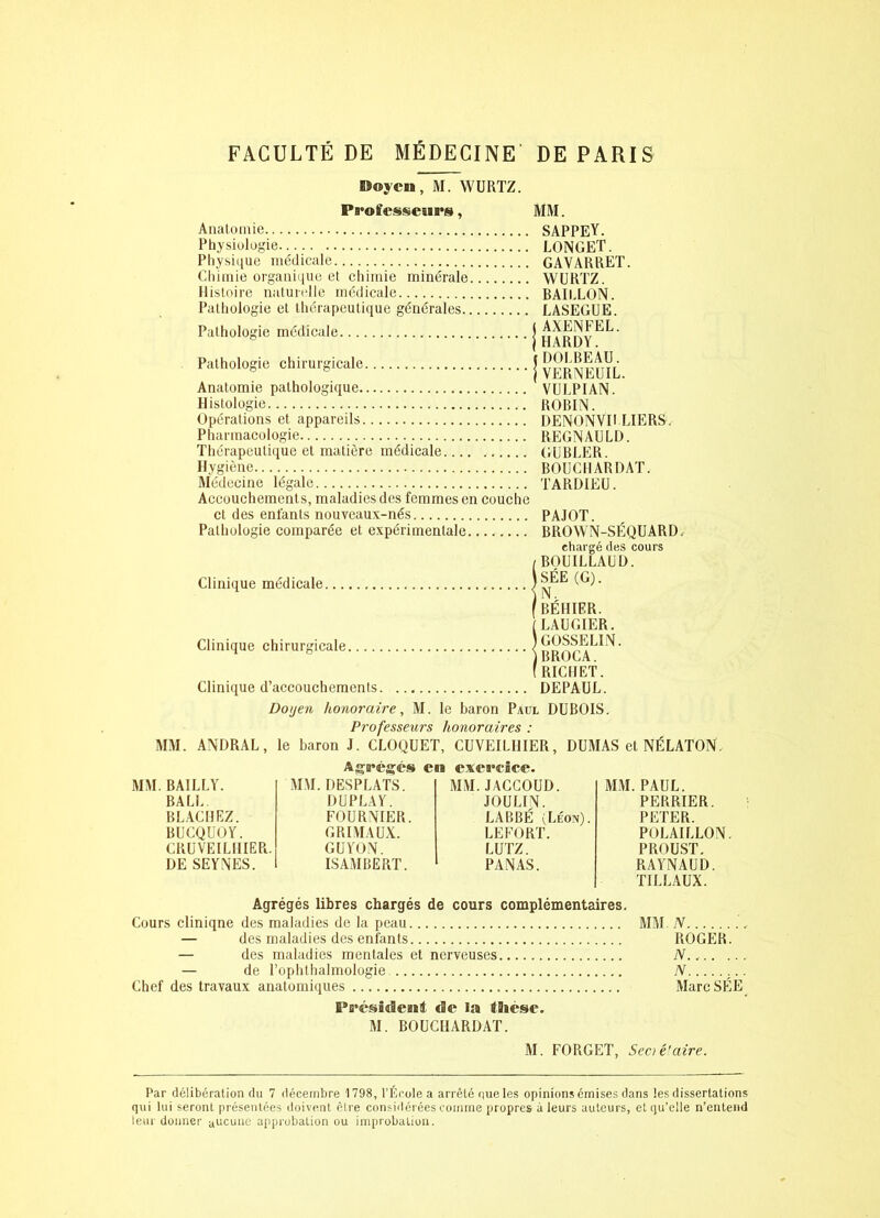 Doyen, M. WURTZ. Professeurs, Anatomie Physiologie Physique médicale Chimie organique et chimie minérale Histoire naturelle médicale Pathologie et thérapeutique générales Pathologie médicale Pathologie chirurgicale Anatomie pathologique Histologie Opérations et appareils Pharmacologie Thérapeutique et matière médicale Hygiène Médecine légale Accouchements, maladies des femmes en couche et des entants nouveaux-nés Pathologie comparée et expérimentale MM. sappey. LONGET. GAVARRET. WURTZ. BAILLON. LASEGUE, iAXENFEL. HARDY. rDOLBEAU. I VERNEUIL. VULPIAN. ROBIN. DENONVII LIERS. REGNAULD. GUBLER. BOUCIIARDAT. TARDIEU. PAJOT. BROWN-SÉQUARD. Clinique médicale Clinique chirurgicale Clinique d’accouchements. chargé des cours / BOUILLAUD. SÉE (G). {n. ( BÉHIER. (LAUGIER. ) GOSSELIN. IBROCA. ( RICHET. DEPAUL. Doijen honoraire, M. le baron Paul DUBOIS. Professeurs honoraires : MM. ANDRAL, le baron J. CLOQUET, CUVEILHIER, DUMAS et NÉLATON, A^réjîés en exercice. MM. BAILLY. BALL. BL.ACHEZ. BUCQUOY. CRUVEILIIIER. DE SEYNES. MM. DESPLATS. DUPLAY. FOURNIER. GRIMAUX. GUYON. ISAMBERT. MM. JACCOUD. JOULIN. LABBÉ (LÉox). LEFORT. LUTZ. PANAS. MM. PAUL. PERRIER. PETER. POLAILLON PROUST. RAYNAUD. TILLAUX. Agrégés libres chargés de cours complémentaires. Cours cliniqne des maladies de la peau — des maladies des enfants — des maladies mentales et nerveuses — de l’ophthalmologie Chef des travaux anatomiques Présidentl de la fiièse. M. BOUCIIARDAT. MM N ROGER. N N Marc SEE M. FORGET, Secié'aire. Par délibération du 7 décembre 1798, l’École a arrêté oueles opinions émises dans les dissertations qui lui seront présentées doivent être considérées comme propres à leurs auteurs, et qu’elle n’entend leur donner aucune approbation ou improbation.