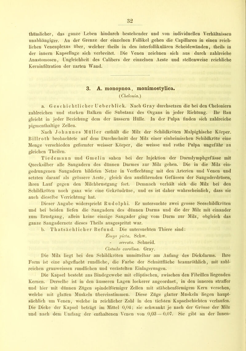 thümlicher, das ganze Leben hindurch bestehender und von individuellen Verhältnissen unabhängiger. An der Grenze der einzelnen Follikel gehen die Capillaren in einen reich- lichen Venenplexus über, welcher theils in den interfollikulären Scheidewänden, theils in der innern Kapsellage sich verbreitet. Die Venen zeichnen sich aus durch zahlreiche Anastomosen, Ungleichheit des Calibers der einzelnen Aeste und stellenweise reichliche Kerninfiltration der zarten Wand. 3. A. monopnoa, monimostylica. (Clielonia.) a. Geschichtlicher Ueb e r b 1 i ck. Nach Gr ay durchsetzen die bei den Cheloniern zahlreichen und starken Balken die Substanz des Organs in jeder Richtung. Ihr Bau gleicht in jeder Beziehung dem der äussern Hülle. In der Pulpa finden sich zahlreiche pigmenthaltige Zellen. Nach Johannes Müller enthält die Milz der Schildkröten Malpighische Körper. Billroth beobachtete auf dem Durchschnitt der Milz einer einheimischen Schildkröte eine Menge verschieden geformter weisser Körper, die weisse und rothe Pulpa ungefähr zu gleichen Theilen. Tie dem an n und Gmelin sahen bei der Injektion der Darmlyffiphgefässe mit Quecksilber alle Saugadern des dünnen Darmes zur Milz gehen. Die in die Milz ein- gedrungenen Saugadern bildeten Netze in Verflechtung mit den Arterien und Venen und setzten darauf als grössere Aeste, gleich den ausführenden Gefässen der Saugaderdrüsen, ihren Lauf gegen den Milchbrustgang fort. Demnach verhält sich die Milz bei den Schildkröten noch ganz wie eine Gckrösdrüse, und es ist daher wahrscheinlich, dass sie auch dieselbe Verrichtung hat. Dieser Angabe widerspricht Rudolphi. Er untersuchte zwei grosse Seeschildkröten und bei beiden liefen die Saugadern des dünnen Darms und die der Milz mit einander zum Brustgang, allein keine einzige Saugader ging vom Darm zur Milz, obgleich das ganze Saugadernetz dieses Theils ausgespritzt war. b. Thatsächlicher Befund. Die untersuchten Thiere sind: Emys picta. Schw. serrata. Schneid. Cistudo carolina. Gray. Die Milz liegt bei den Schildkröten unmittelbar am Anfang des Dickdarms. Ihre Form ist eine abgeflacht rundliche, die Farbe der Schnittfläche braunröthlich, mit zahl- reichen grauweissen rundlichen und verästelten Einlagerungen. Die Kapsel besteht aus Bindegewebe mit elliptischen, zwischen den Fibrillen liegenden Kernen. Derselbe ist in den äusseren Lagen lockerer angeordnet, in den inneren straffer und hier mit dünnen Zügen spindelförmiger Zellen mit stäbchenförmigem Kern versehen, welche mit glatten Muskeln tibereinstimmen. Diese Züge glatter Muskeln liegen haupt- sächlich um Venen, welche in reichlicher Zahl in den tiefsten Kapselschichten verlaufen. Die Dicke der Kapsel beträgt im Mittel 0,04; sie schwankt je nach der Grösse der Milz und nach dem Umfang der enthaltenen Venen von 0,03 — 0,07. Sie gibt an der Innen-