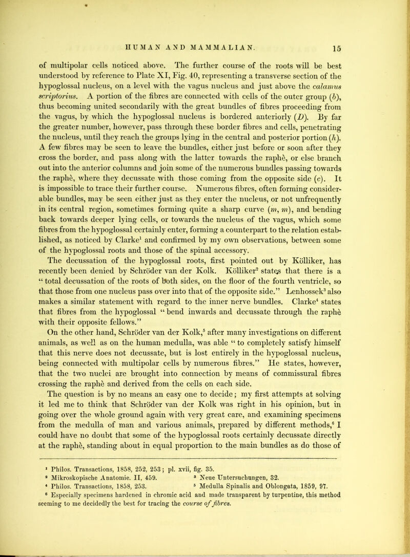 of multipolar cells noticed above. The further course of the roots will be best understood by reference to Plate XI, Fig. 40, representing a transverse section of the hypoglossal nucleus, on a level with the vagus nucleus and just above the calamus scriptorius. A portion of the fibres are connected with cells of the outer group (b), thus becoming united secondarily with the great bundles of fibres proceeding from the vagus, by which the hypoglossal nucleus is bordered anteriorly (D). By far the greater number, however, pass through these border fibres and cells, penetrating the nucleus, until they reach the groups lying in the central and posterior portion (/t). A few fibres may be seen to leave the bundles, either just before or soon after they cross the border, and pass along with the latter towards the raphe, or else branch out into the anterior columns and join some of the numerous bundles passing towards the raphe, where they decussate with those coming from the opposite side (c). It is impossible to trace their further course. Numerous fibres, often forming consider- able bundles, may be seen either just as they enter the nucleus, or not unfrequently in its central region, sometimes forming quite a sharp curve (m,m), and bending back towards deeper lying cells, or towards the nucleus of the vagus, which some fibres from the hypoglossal certainly enter, forming a counterpart to the relation estab- lished, as noticed by Clarke1 and confirmed by my own observations, between some of the hypoglossal roots and those of the spinal accessory. The decussation of the hypoglossal roots, first pointed out by Kblliker, has recently been denied by Schroder van der Kolk. Kblliker2 states that there is a “ total decussation of the roots of both sides, on the floor of the fourth ventricle, so that those from one nucleus pass over into that of the opposite side.” Lenhossek3 also makes a similar statement with regard to the inner nerve bundles. Clarke4 states that fibres from the hypoglossal “ bend inwards and decussate through the raph& with their opposite fellows.” On the other hand, Schroder van der Kolk,5 after many investigations on different animals, as well as on the human medulla, was able “ to completely satisfy himself that this nerve does not decussate, but is lost entirely in the hypoglossal nucleus, being connected with multipolar cells by numerous fibres.” He states, however, that the two nuclei are brought into connection by means of commissural fibres crossing the raphe and derived from the cells on each side. The question is by no means an easy one to decide; my first attempts at solving it led me to think that Schroder van der Kolk was right in his opinion, but in going over the whole ground again with very great care, and examining specimens from the medulla of man and various animals, prepared by different methods,6 I could have no doubt that some of the hypoglossal roots certainly decussate directly at the raphe, standing about in equal proportion to the mam bundles as do those of 1 Philos. Transactions, 1858, 252, 253; pi. xvii, fig. 35. 9 Mikroskopische Anatomie. II, 459. 3 Neue Untersuchungen, 32. * Philos. Transactions, 1858, 253. 5 Medulla Spinalis and Oblongata, 1859, 97. 6 Especially specimens hardened in chromic acid and made transparent by turpentine, this method seeming to me decidedly the best for tracing the course of fibres.