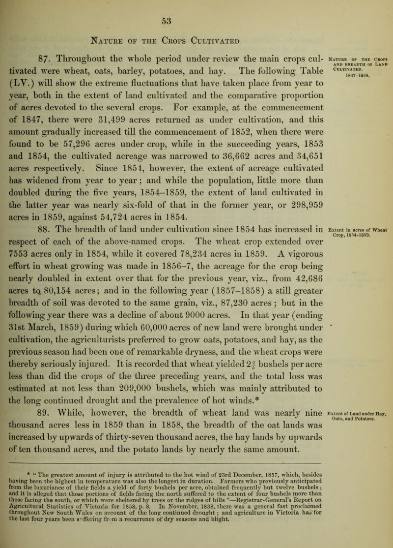 Natuke of the Ceops Cultivated 87- Throughout the whole period under review the main crops cul- tivated were wheat, oats, barley, potatoes, and hay. The following Table (LV.) will show the extreme fluctuations that have taken place from year to year, both in the extent of land cultivated and the comparative proportion of acres devoted to the several crops. For example, at the commencement of 1847, there were 31,499 acres returned as under cultivation, and this amount gradually increased till the commencement of 1852, when there were found to be 57,296 acres under crop, while in the succeeding years, 1853 and 1854, the cultivated acreage was narrowed to 36,662 acres and 34,651 acres respectively. Since 1854, however, the extent of acreage cultivated has widened from year to year; and while the population, little more than doubled during the five years, 1854-1859, the extent of land cultivated in the latter year was nearly six-fold of that in the former year, or 298,959 acres in 1859, against 54,724 acres in 1854. 88. The breadth of land under cultivation since 1854 has increased in respect of each of the above-named crops. The wheat crop extended over 7553 acres only in 1854, while it covered 78,234 acres in 1859. A vigorous effort in wheat growing was made in 1856-7, the acreage for the crop being nearly doubled in extent over that for the previous year, viz., from 42,686 acres to. 80,154 acres; and in the following year (1857-1858) a still greater breadth of soil was devoted to the same grain, viz., 87,230 acres ; but in the following year there was a decline of about 9000 acres. In that year (ending 31st March, 1859) during which 60,000 acres of new land were brought under cultivation, the agriculturists preferred to grow oats, potatoes, and hay, as the previous season had been one of remarkable dryness, and the wheat crops were thereby seriously injured. It is recorded that wheat yielded 2f bushels per acre less than did the crops of the three preceding years, and the total loss was estimated at not less than 209,000 bushels, which was mainly attributed to the long continued drought and the prevalence of hot winds.* 89. While, however, the breadth of wheat land was nearly nine thousand acres less in 1859 than in 1858, the breadth of the oat lands was increased by upw^ards of thirty-seven thousand acres, the hay lands by upwards of ten thousand acres, and the potato lands by nearly the same amount. * “ The greatest amount of injury is attributed to the hot wind of 23rd December, 1857, which, besides having been the highest in temperature was also the longest in duration. Farmers who previously anticipated from the luxuriance of their fields a yield of forty bushels per acre, obtained frequently but twelve bushels ; and it is alleged that those portions of fields facing the north suffered to the extent of four bushels more than those facing the south, or which were sheltered by trees or the ridges of hills ”—Registrar-General’s Report on Agricultural Statistics of Victoria for 1858, p. 8. In November, 1838, there was a general fast proclaimed throughout New South Wales on account of the long continued drought; and agriculture in Victoria hao for the last four years been s”ffering frm a recurrence of dry seasons and blight. Nature of the Crops AND BREADTH OF LAND Cultivated. 1847-18-'>9. Extent In acres of Wheat Crop, 18.')4-I859. Extent of Land under Ha/, Oats, and Potatoes.