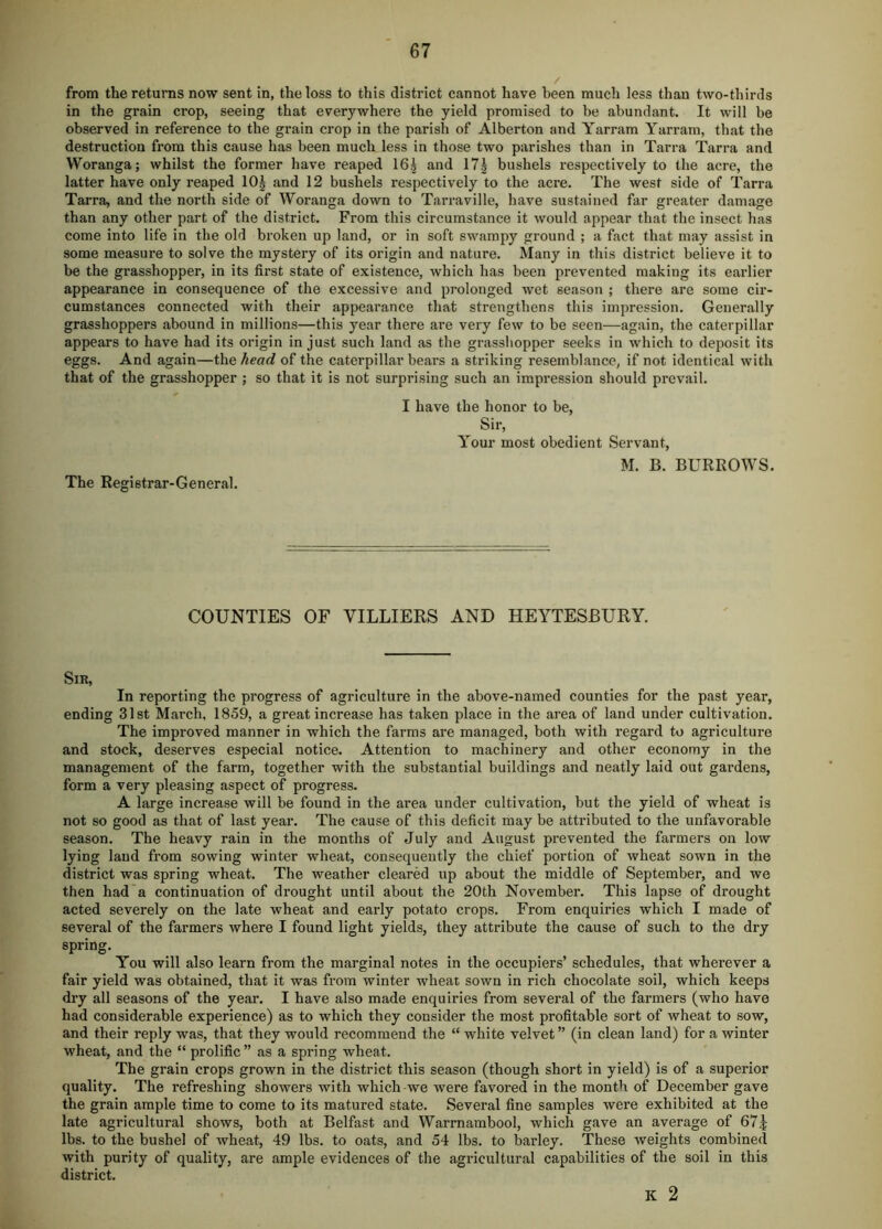 from the returns now sent in, the loss to this district cannot have been much less than two-thirds in the grain crop, seeing that everywhere the yield promised to be abundant. It will be observed in reference to the grain crop in the parish of Alberton and Yarram Yarram, that the destruction from this cause has been much less in those two parishes than in Tarra Tarra and Woranga; whilst the former have reaped 16^ and 17| bushels respectively to the acre, the latter have only reaped 10| and 12 bushels respectively to the acre. The west side of Tarra Tarra, and the north side of Woranga down to Tarraville, have sustained far greater damage than any other part of the district. From this circumstance it would appear that the insect has come into life in the old broken up land, or in soft swampy ground ; a fact that may assist in some measure to solve the mystery of its origin and nature. Many in this district believe it to be the grasshopper, in its first state of existence, which has been prevented making its earlier appearance in consequence of the excessive and prolonged wet season ; there are some cir- cumstances connected with their appearance that strengthens this impression. Generally grasshoppers abound in millions—this year there are very few to be seen—again, the caterpillar appears to have had its origin in just such land as the grasshopper seeks in which to deposit its eggs. And again—the head of the caterpillar bears a striking resemblance, if not identical with that of the grasshopper ; so that it is not surprising such an impression should prevail. I have the honor to be. Sir, Your most obedient Servant, M. B. BUREOWS. The Registrar-General. COUNTIES OF VILLIERS AND HEYTESBURY. Sir, In reporting the progress of agriculture in the above-named counties for the past year, ending 31st March, 1859, a great increase has taken place in the area of land under cultivation. The improved manner in which the farms are managed, both with regard to agriculture and stock, deserves especial notice. Attention to machinery and other economy in the management of the farm, together with the substantial buildings and neatly laid out gardens, form a very pleasing aspect of progress. A large increase will be found in the area under cultivation, but the yield of wheat is not so good as that of last year. The cause of this deficit may be attributed to the unfavorable season. The heavy rain in the months of July and August prevented the farmers on low lying laud from sowing winter wheat, consequently the chief portion of wheat sown in the district was spring wheat. The weather cleared up about the middle of September, and we then had a continuation of drought until about the 20th November. This lapse of drought acted severely on the late wheat and early potato crops. From enquiries which I made of several of the farmers where I found light yields, they attribute the cause of such to the dry spring. You will also learn from the marginal notes in the occupiers’ schedules, that wherever a fair yield was obtained, that it was from winter wheat sown in rich chocolate soil, which keeps dry all seasons of the year. I have also made enquiries from several of the farmers (who have had considerable experience) as to which they consider the most profitable sort of wheat to sow, and their reply was, that they would recommend the “ white velvet ” (in clean land) for a winter wheat, and the “ prolific ” as a spring wheat. The grain crops grown in the district this season (though short in yield) is of a superior quality. The refreshing showers with which we were favored in the month of December gave the grain ample time to come to its matured state. Several fine samples were exhibited at the late agricultural shows, both at Belfast and Warrnambool, which gave an average of 67J lbs. to the bushel of wheat, 49 lbs. to oats, and 54 lbs. to barley. These weights combined with purity of quality, are ample evidences of the agricultural capabilities of the soil in this district. K 2