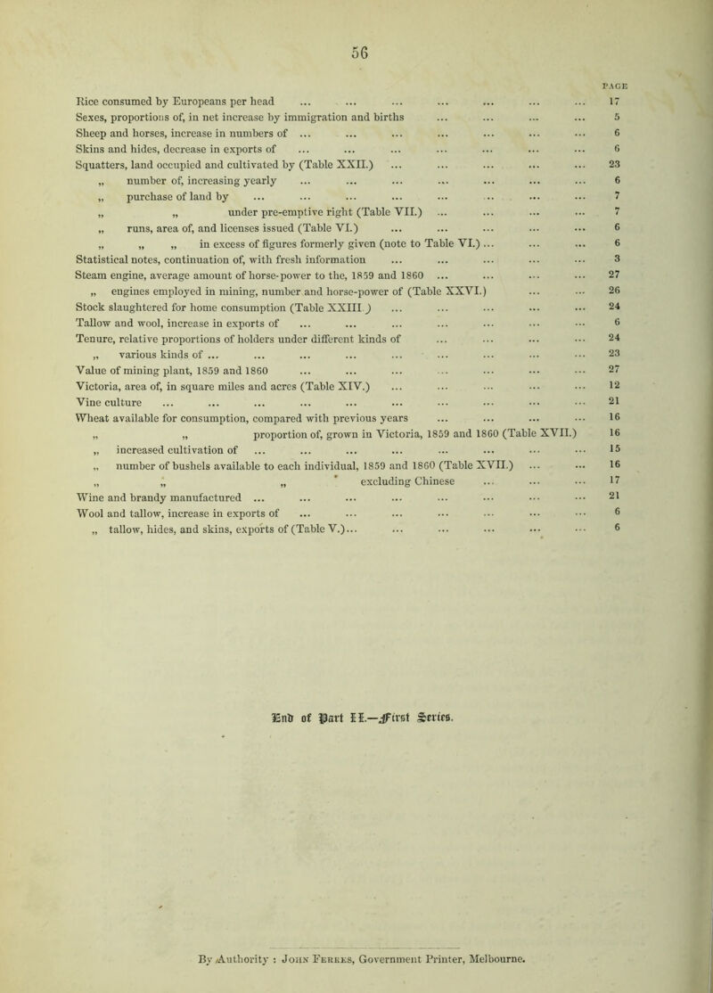 liice consumed by Europeans per head Sexes, proportions of, in net increase by immigration and births Sheep and horses, increase in numbers of ... Skins and hides, decrease in exports of Squatters, land occupied and cultivated by (Table XXII.) „ number of, increasing yearly „ purchase of land by „ „ under pre-emptive right (Table VII.) „ runs, area of, and licenses issued (Table VI.) „ „ „ in excess of figures formerly given (note to Table VI.) ... Statistical notes, continuation of, with fresh information Steam engine, average amount of horse-power to the, 1859 and 1860 „ engines employed in mining, number and horse-power of (Table XXVI.) Stock slaughtered for home consumption (Table XXIII._) Tallow and wool, increase in exports of Tenure, relative proportions of holders under different kinds of „ various kinds of ... Value of mining plant, 1859 and 1860 Victoria, area of, in square miles and acres (Table XIV.) Vine culture Wheat available for consumption, compared with previous years „ „ proportion of, grown in Victoria, 1859 and 1860 (Table „ increased cultivation of „ number of bushels available to each individual, 1859 and 1860 (Table XVII.) „ „ „ ’ excluding Chinese Wine and brandy manufactured ... Wool and tallow, increase in exports of „ tallow, hides, and skins, exports of (Table V.)... XVII.) P.\CE 17 5 6 6 23 6 7 7 6 6 3 27 26 24 6 24 23 27 12 21 16 16 15 16 17 21 6 6 ISnh Of Part II.—jFtrst By/Authority : John Ferkks, Government Printer, Melbourne.