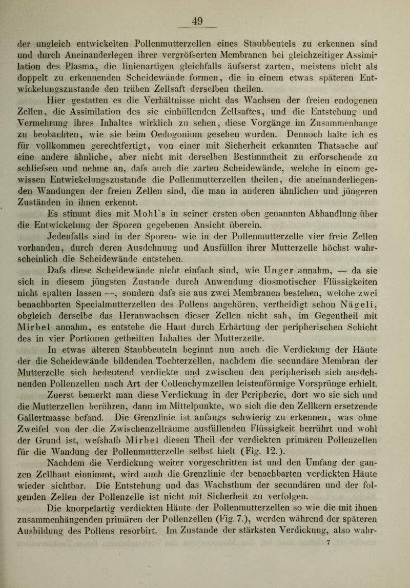 der ungleich entwickelten Pollenmutterzellen eines Staubbeutels zu erkennen sind und durch Aneinanderlegen ihrer vergröfserten Membranen bei gleichzeitiger Assimi- lation des Plasma, die linienartigen gleichfalls äufserst zarten, meistens nicht als doppelt zu erkennenden Scheidewände formen, die in einem etwas späteren Ent- wickelungszustande den trüben Zellsaft derselben theilen. Hier gestatten es die Verhältnisse nicht das Wachsen der freien endogenen Zellen, die Assimilation des sie einhüllenden Zellsaftes, und die Entstehung und Vermehrung ihres Inhaltes wirklich zu sehen, diese Vorgänge im Zusammenhänge zu beobachten, wie sie beim Oedogonium gesehen wurden. Dennoch halte ich es für vollkommen gerechtfertigt, von einer mit Sicherheit erkannten Thatsache auf eine andere ähnliche, aber nicht mit derselben Bestimmtheit zu erforschende zu schliefsen und nehme an, dafs auch die zarten Scheidewände, welche in einem ge- wissen Entwickelungszustande die Pollenmutterzellen theilen, die aneinanderliegen- den Wandungen der freien Zellen sind, die man in anderen ähnlichen und jüngeren Zuständen in ihnen erkennt. Es stimmt dies mitMohl’s in seiner ersten oben genannten Abhandlung über die Entwickelung der Sporen gegebenen Ansicht überein. Jedenfalls sind in der Sporen- wie in der Pollenmutterzelle vier freie Zellen vorhanden, durch deren Ausdehnung und Ausfüllen ihrer Mutterzelle höchst wahr- scheinlich die Scheidewände entstehen. Dafs diese Scheidewände nicht einfach sind, wie Unger annahm, — da sie sich in diesem jüngsten Zustande durch Anwendung diosmotischer Flüssigkeiten nicht spalten lassen —, sondern dafs sie aus zwei Membranen bestehen, welche zwei benachbarten Specialmutterzellen des Pollens angeboren, vertheidigt schon Nägeli, obgleich derselbe das Heranwachsen dieser Zellen nicht sah, im Gegentheil mit Mirbel annahm, es entstehe die Haut durch Erhärtung der peripherischen Schicht des in vier Portionen getheilten Inhaltes der Mutterzelle. In etwas älteren Staubbeuteln beginnt nun auch die Verdickung der Häute der die Scheidewände bildenden Tochterzellen, nachdem die secundäre Membran der Mutterzelle sich bedeutend verdickte und zwischen den peripherisch sich ausdeh- nenden Pollenzellen nach Art der Collenchymzellen leistenförmige Vorsprünge erhielt. Zuerst bemerkt man diese Verdickung in der Peripherie, dort wo sie sich und die Mutterzellen berühren, dann im Mittelpunkte, wo sich die den Zellkern ersetzende Gallertmasse befand. Die Grenzlinie ist anfangs schwierig zu erkennen, was ohne Zweifel von der die Zwischenzellräume ausfüllenden Flüssigkeit herrührt und wohl der Grund ist, wefshalb Mirbel diesen Theil der verdickten primären Pollenzellen für die Wandung der Pollenmutterzelle selbst hielt (Fig. 12.). Nachdem die Verdickung weiter vorgeschritten ist und den Umfang der gan- zen Zellhaut einnimmt, wird auch die Grenzlinie der benachbarten verdickten Häute wieder sichtbar. Die Entstehung und das Wachsthum der secundären und der fol- genden Zellen der Pollenzelle ist nicht mit Sicherheit zu verfolgen. Die knorpelartig verdickten Häute der Pollenmutterzellen so wie die mit ihnen zusammenhängenden primären der Pollenzellen (Fig. 7.), werden während der späteren Ausbildung des Pollens resorbirt. Im Zustande der stärksten Verdickung, also wahr- 7