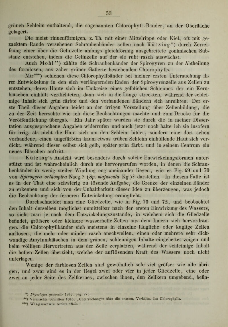 grünen Schleim enthaltend, die sogenannten Chlorophyll-Bänder, an der Oberfläche gelagert. Die meist rinnenförmigen, z. Th. mit einer Mittelrippe oder Kiel, oft mit ge- zacktem Rande versehenen Schraubenbänder sollen nach Kützing*) durch Zerrei- fsung einer über die Gelinzelle anfangs gleichförmig ausgebreitete gonimischen Sub- stanz entstehen, indem die Gelinzelle auf der sie ruht rasch auswächst. Auch Molil**) zählte die Schraubenbänder der Spirogyren zu der Abtheilung des formlosen, aus zäher grüner Gallerte bestehenden Chlorophylls. Mir***) schienen diese Chlorophyllbänder bei meiner ersten Untersuchung ih- rer Entwickelung in den sich verlängernden Enden der Spirogyrenzelle aus Zellen zu entstehen, deren Häute sich im Umkreise eines gelblichen Schleimes der ein Kern- bläschen einhüllt verdichteten, dann sich in die Länge streckten, während der schlei- mige Inhalt sich grün färbte und den vorhandenen Bändern sich anreihten. Der er- ste Theil dieser Angaben leidet an der irrigen Vorstellung über Zellenbildung, die zu der Zeit herrschte wie ich diese Beobachtungen machte und zum Drucke für die Veröffentlichung übergab. Ein Jahr später wurden sie durch die in meiner Disser- tation ausgesprochene Angaben widerrufen und auch jetzt noch halte ich sie insofern für irrig, als nicht die Haut sich um den Schleim bildet, sondern eine dort schon vorhandene, einen ungefärbten kaum etwas triibeu Schleim einliiillende Haut sich ver- dickt, während dieser selbst sich gelb, später grün färbt, und in seinem Centrum ein neues Bläschen auftritt. Kützing’s Ansicht wird besonders durch solche Entwickelungsformen unter- stützt und ist wahrscheinlich durch sie hervorgerufen worden, in denen die Schrau- benbänder in wenig steiler Windung eng aneinander liegen, wie es Fig. 69 und 70 von Spirogijra orthospira Naeg.? (Sp. majuscnla Kg.)? darstellen. In diesem Falle ist es in der That eine schwierig zu lösende Aufgabe, die Grenze der einzelnen Bänder zu erkennen und sich von der Unhaltbarkeit dieser Idee zu überzeugen, was jedoch die Beobachtung der ferneren Entwickelung ermöglicht. Durchschneidet man eine Gliedzelle, wie in Fig. 70 und 72, und beobachtet den Inhalt derselben möglichst unmittelbar nach der ersten Einwirkung des Wassers, so sieht man je nach dem Entwickelungszustande, in welchem sich die Gliedzelle befindet, gröfsere oder kleinere wasserhelle Zellen aus dem Innern sich hervordrän- gen, die Chlorophyllbänder sich meistens in einzelne längliche oder kuglige Zellen auflösen, die mehr oder minder rasch anschwellen, einen oder mehrere sehr dick- wandige Amylumbläschen in dem grünen, schleimigen Inhalte eingebettet zeigen und beim völligen Hervortreten aus der Zelle zerplatzen, während der schleimige Inhalt die hellen Zellen überzieht, welche der auflösenden Kraft des Wassers noch nicht unterlagen. Wenige der farblosen Zellen sind gewöhnlich sehr viel gröfser wie alle übri- gen, und zwar sind es in der Regel zwei oder vier in jeder Gliedzelle, eine oder zwei an jeder Seite des Zellkernes; zwischen ihnen, den Zellkern umgebend, befin- *) Phycologia generalis 1843. pag. 275. **) Vermischte Schriften 1845: „Untersuchungen über die anatom. Verhältn. des Chlorophylls. ***) Wiegmann’s Archiv 1843.