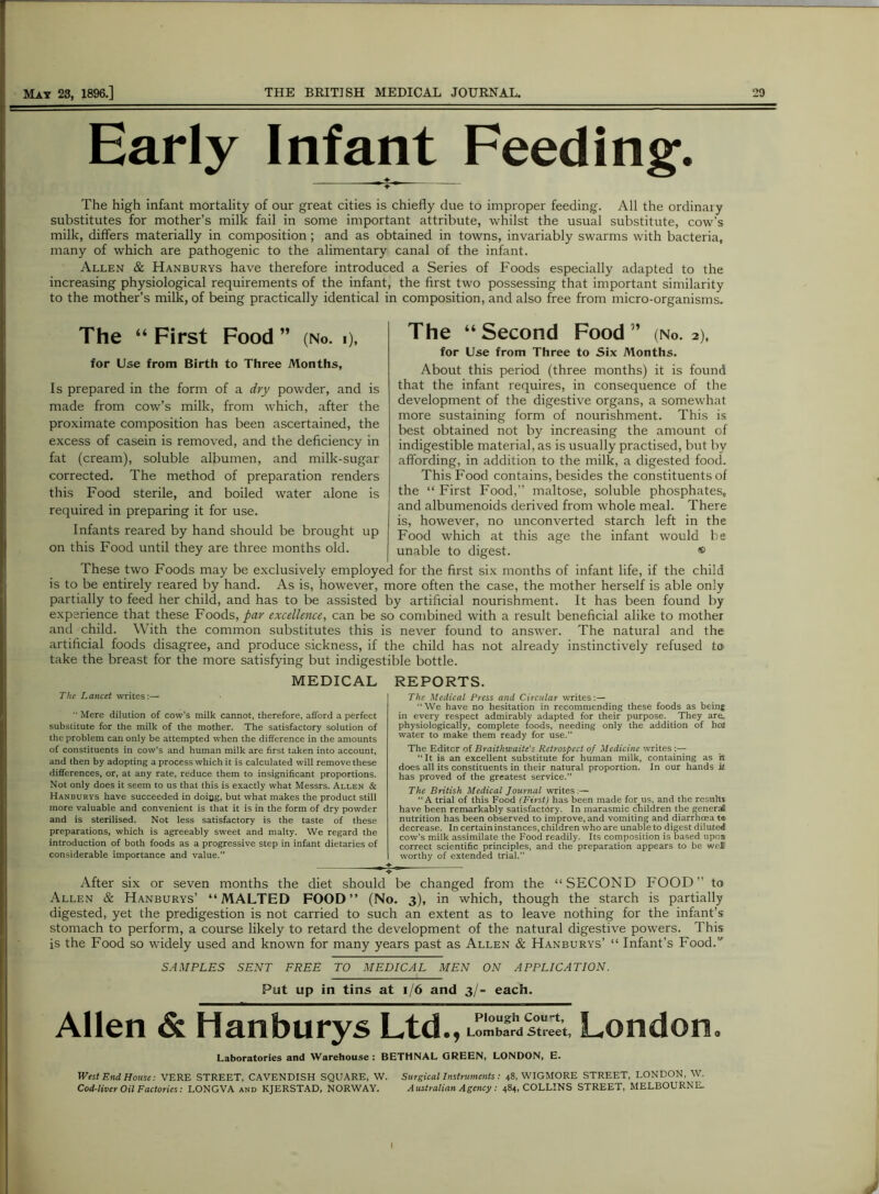 Early Infant Feeding:. The high infant mortality of our great cities is chiefly due to improper feeding. All the ordinaly substitutes for mother’s milk fail in some important attribute, whilst the usual substitute, cow’s milk, differs materially in composition ; and as obtained in towns, invariably swarms with bacteria, many of which are pathogenic to the alimentary canal of the infant. Allen & Hanburys have therefore introduced a Series of Foods especially adapted to the increasing physiological requirements of the infant, the first two possessing that important similarity to the mother’s milk, of being practically identical in composition, and also free from micro-organisms. The “ First Food ” (No. i), for Use from Birth to Three Months, Is prepared in the form of a dry powder, and is made from cow’s milk, from which, after the proximate composition has been ascertained, the excess of casein is removed, and the deficiency in fat (cream), soluble albumen, and milk-sugar corrected. The method of preparation renders this Food sterile, and boiled water alone is required in preparing it for use. Infants reared by hand should be brought up on this Food until they are three months old. The “Second Food” (No. 2), for Use from Three to Six Months. About this period (three months) it is found that the infant requires, in consequence of the development of the digestive organs, a somewhat more sustaining form of nourishment. This is best obtained not by increasing the amount of indigestible material, as is usually practised, but by affording, in addition to the milk, a digested food. This Food contains, besides the constituents of the “ First Food,” maltose, soluble phosphates, and albumenoids derived from whole meal. There is, however, no unconverted starch left in the Food which at this age the infant would be unable to digest. ® These two Foods may be exclusively employed for the first six months of infant life, if the child is to be entirely reared by hand. As is, however, more often the case, the mother herself is able only partially to feed her child, and has to be assisted by artificial nourishment. It has been found by experience that these Foods, par excellence, can be so combined with a result beneficial alike to mother and child. With the common substitutes this is never found to answer. The natural and the artificial foods disagree, and produce sickness, if the child has not already instinctively refused to take the breast for the more satisfying but indigestible bottle. MEDICAL The Lancet writes:— “ Mere dilution of cow's milk cannot, therefore, afford a perfect substitute for the milk of the mother. The satisfactory solution of the problem can only be attempted when the difference in the amounts of constituents in cow’s and human milk are first taken into account, and then by adopting a process which it is calculated will remove these differences, or, at any rate, reduce them to insignificant proportions. Not only does it seem to us that this is exactly what Messrs. Allen & Hanburys have succeeded in doing, but what makes the product still more valuable and convenient is that it is in the form of dry powder and is sterilised. Not less satisfactory is the taste of these preparations, which is agreeably sweet and malty. We regard the introduction of both foods as a progressive step in infant dietaries of considerable importance and value.” REPORTS. The Medical Press and Circular writes:— “We have no hesitation in recommending these foods as being in every respect admirably adapted for their purpose. They are^ physiologically, complete foods, needing only the addition of boj water to make them ready for use.” The Editor of Braithwaite's Retrospect of Medicine writes:— “It is an excellent substitute for human milk, containing as n does all its constituents in their natural proportion. In our hands ii has proved of the greatest service.” The British Medical Journal writes:— “ A trial of this Food (First) has been made for us, and the resulti have been remarkably satisfactory. In marasmic children the general nutrition has been observed to improve, and vomiting and diarrhoea t® decrease. In certain instances, children who are unable to digest diluted cow's milk assimilate the Food readily. Its composition is based upon correct scientific principles, and the preparation appears to be we)E worthy of extended trial.” After six or seven months the diet should be changed from the “SECOND FOOD” to Allen & Hanburys’ “MALTED FOOD” (No. 3), in which, though the starch is partially digested, yet the predigestion is not carried to such an extent as to leave nothing for the infant’s stomach to perform, a course likely to retard the development of the natural digestive powers. This is the Food so widely used and known for many years past as Allen & Hanburys’ “ Infant’s Food.’' SAMPLES SENT FREE TO MEDICAL MEN ON APPLICATION. Put up in tins at 1/6 and 3/- each. Allen & Hanburys Ltd. j Lombard Street, I^OridOITlo Laboratories and Warehouse: BETHNAL GREEN, LONDON, E. West End House: VERE STREET, CAVENDISH SQUARE, W. Surgical Instruments : 48, WIGMORE STREET, LONDON, W. Cod-liver Oil Factories: LONGVA and KJERSTAD, NORWAY. Australian Agency: 484, COLLINS STREET, MELBOURNE.
