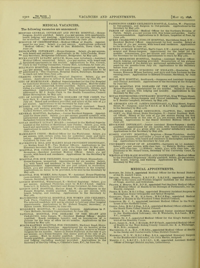 MEDICAL VACANCIES. The following vacancies are announced: BEDFORD GENERAL INFIRMARY AND FEVER HOSPITAL.-House- Surgeon, doubly qualified. Salary, £100 per annum, with apartments, board, lodging, and washing. Appointment for one year, but eligible for re-election. Applications to the Secretary by June 5th. BOROUGH OF CHESTERFIELD.—Medical Officer of Health. Appoint- ment for one year. Salary, ^300 per annum. Applications endorsed “Medical Officer,” to be sent to Jno. Middleton, Town Clerk, by June 1st. BRIDGWATER INFIRMARY.—House-Surgeon. Salary, £80 per annum, , with board and residence. Applications to Mr. John Coombs, Hono- ” rary Secretary, Bridgwater Infirmary, Bridgwater, by May 29th. BUCKS COUNTY LUNATIC ASYLUM, Stone, near Aylesbury.—Assistant Modical Officer, unmarried. Salary, ^100 per annum, with board and ^ furnished apartments in the Asylum. Applications to Wm. Crouch, Clerk to the Visiting Committee, County Hall, Aylesbury, by June 5th. BULUWAYO HOSPITAL.—Resident House-Surgeon ; unmarried. Salary, ^400 per annum, with free board and lodging. Applications to be — addressed to “ The Chairman, Hospital Board, Buluwayo, Rhodesia,” to reach not later than June 30th. CHARING CROSS HOSPITAL—Surgical Registrar. Salary, ^40 per annum. Applications to Arthur E. Reade, Secretary, by June 8th. CITY OF BIRMINGHAM.—Medical Superintendent for the City Hospital for Infectious Diseases, Little Bromwich, Birmingham. Must be under 40 years of age, unmarried, doubly qualified. Salary, £200 per annum, rising ^20 yearly to ^300 per annum, with apartments, rations, and attendance. Applications, endorsed “ Medical Superintendent.” to be addressed to Mr. J. Keyte, Clerk to the Health Committee, Council House Birmingham, by May 29th. CITY OF LONDON HOSPITAL FOR DISEASES OF THE CHEST, Vic- toria Park, E.—House-Physician. Appointment for six months from July 1st. Board and residence provided, and salary at the rate of £10 per annum. Applications to the Secretary by June nth. DUNDEE ROYAL INFIRMARY.—Resident Clinical Assistant. Board, lodging, and washing provided. Applications to the Secretary, D. Gordon Stewart, solicitor, Dundee, by May 27th. GENERAL HOSPITAL, Barbadoes.—Junior Resident Surgeon. Appoint- ment for three years. Salary, £vya per annum, payable monthly, with unfurnished quarters. Passage paid. Applications to the Secretary, Barbadoes General Hospital, by July 8th. GOVAN DISTRICT LUNACY BOARD.—Assistant to the Medical Superin- tendent at the Asylum at Hawkhead, near Paisley. Salary, £ 100, with board and apartments, unmarried, and not more than 30 years of age. Applications to Andrew Wallace, clerk, 7, Carlton Place, Glasgow, by June 10th. HAMBLEDON UNION.—Medical Officer for the Workhouse. Salary, £70 per annum, with certain extra fees for midwifery cases and vacci- nation. Applications to Ferdinand Smallpeice, clerk, Clerk’s Office, Guildford, by June 2nd. HAVERSTOCK HILL AND MALDEN ROAD PROVIDENT DISPENSARY, 132, Malden Road, N.W.—Two Medical Officers. Applications to the Honorary Secretary, Mr. Claud Scott, at the Dispensary, by May 27th. HOSPITAL FOR CONSUMPTION AND DISEASES OF THE CHEST, Brompton.—Resident Assistant Medical Officer. Salary, £so per annum, with board and residence. Applications to the Secretary by May 27th. HOSPITAL FOR SICK CHILDREN, Great Ormond Street, Bloomsbury.— House-Surgeon, unmarried. Appointment for six months. Salary, £io, with board and residence in the hospital. Resident Medical Superintendent. Appointment for one year subject to re-election. Salary, ,£105 per annum, with board and residence in the hospital. Applications, on forms to be provided, to be sent to the Secretary by May 29th. HOSPITAL FOR WOMEN, Soho Square, W.—Assistant House-Physician (non-resident). Appointment for three months. Applications to David Cannon, Secretary by May 26th. LONDON HOSPITAL, Whitechapel, E.—Medical Registrar. Salary, ^100 per annum. Assistant Physician, must be M.R.C.P.Lond. Applica- tions to G. Q. Roberts, Secretary and House Governor, by June nth. LONDON LOCK HOSPITAL, Harrow Road. W.—House-Surgeon to the Female Hospital, doubly qualified. Salary, £$o per annum, with board, lodging, and washing. Applications to the Secretary by May 30th. MANCHESTER CLINICAL HOSPITAL FOR WOMEN AND CHILDREN, Park Place, Cheetham Hill Road.—Honorary Assistant Physician. The selected candidate will not be allowed to hold any other hospital appointments. Applications to Mr. Hubert Teague, Secretary, 38, Barton Arcade, Manchester, by June 6th. MIDDLESEX HOSPITAL, W.—Assistant Surgeon. Applications to F. Clare Melhado, Secretary Superintendent, by June 8th. NATIONAL HOSPITAL FOR DISEASES OF THE HEART AND PARALYSIS, Soho Square, W.—Resident Medical Officer; doubly qualified. Board, residence, laundry, and an honorarium of 10 guineas for the term of office for six months. Applications to the Secretary by May 25th. NORTH-EASTERN HOSPITAL FOR CHILDREN, Hackney Road, Shore- ditch, N.E.—House-Physician. Appointment for six months, at the expiration of which he will be required, if eligible, to serve as House- Surgeon for six months. Salary as House-Physician at the rate of £60 per annum ; as a House-Surgeon (the senior post) at the rate of ;£8o per annum. Must be doubly qualified. Junior House-Physician ; doubly qualified. Appointment for six months. No salary, but board and lodging (including washing) provided. Applications to the Secretary at the City Office, 27, Clement’s Lane, E.C., by June 8th. PADDINGTON GREEN CHILDREN’S HOSPITAL, London, W.—Physician to Out-patients, and Surgeon to Outpatients. Applications to the Secretary by May 30th. PARISH OF GLENELG.—Medical Officer for the Northern Division of Parish. Salary, ^110 per annum with free house and garden. Gaelic a recommendation. Applications to D. McLure, Inspector of Poor, by June 30th. QUEEN CHARLOTTE’S LYING-IN HOSPITAL, Marylebone Road, N.W.— Resident Medical Officer. Appointment for four months. Salary at the rate of ^60 per annum, with board and residence. Applications to the Secretary by June 1st. QUEEN’S JUBILEE HOSPITAL, Earl’s Court, S.W.—Aurist and Laryngo- scopist and House-Surgeon. Appointment for the latter for six months; honorarium, ^100 per annum and rooms. Applications to the Secretary for the former appointments to reach by May 30th. ROYAL BERKSHIRE HOSPITAL, Reading.—Assistant Medical Officer. Board, lodging, and washing provided. Honorarium of ten guineas will be awarded if the duties arc performed satisfactorily. Appoint- ment for six months from July 1st. Applications to the Secretary before June 5th. ROYAL COLLEGE OF SURGEONS OF ENGLAND.-Hunterian Pro- fessors, Erasmus Wilson Lecturer, and Arris and Gale Lecturer for the ensuing years. Applications to Edward Trimmer, Secretary, by June 2nd. ROYAL EYE HOSPITAL, Southwark.—Sui-geons and Assistant Surgeons and Clinical Assisiants. Applications to the Secretary at the Hospital by June 8th. ROYAL HOSPITAL FOR DISEASES OF THE CHEST, City Road — House-Physician. Appointment for six months. Salary at the rate of £40 per annum, with lodging and laundry. Applications to the Secretary by May 25th. ^ ROYAL WESTMINSTER OPHTHALMIC HOSPITAL, King William Street, West Strand.—House-Surgeon and Clinical Assistants. Applications to T. Beattie Campbell, Secretary, by May 30th. ST. GEORGE’S AND ST. JAMES’S DISPENSARY, 60, King Street, Regent Street, W.—Surgeon ; must be F.R.C.S. or M.R.C.S.Eng. Applications to the Secretary by May 23rd. STAMFORD HILL, STOKE NEWINGTON, CLAPTON, Etc., DISPEN- SARY, 189, High Street, Stoke Newington, N.—Junior Resident Medi- cal Officer. Salary at the rate of ^5° per annum during the first quarter, afterwards at the rate of £75 per annum, with board and lodging. Applications to the Senior Resident Medical Officer by June 3rd. STOCKPORT INFIRMARY.—Junior Assistant House-Surgeon ; doubly qualified. Appointment for six months, with board and residence. An honorarium of .£10 given after six months’ satisfactory service. Applications to the Secretary by May 26th. SUSSEX COUNTY HOSPITAL, Brighton.—House-Physician, doubly qualified, unmarried, and under 30 years of age. Salary commencing at £50 per annum, with board and residence in the hospital, and wash- ing. Applications to the Secretary by June 3rd. UNIVERSITY COURT OF ST. ANDREWS.—Lecturers on (1) Anatomy; Salary, £300 per annum, with class fees. (2) Materia Medica; salary, ^200, with class fees. (3) History; salary, ^200, with class fees. Ap- plications to Mr. Stuart Grace, Secretary to the University Court, by June 1st. WESTON-SUPER-MARE HOSPITAL AND DISPENSARY.—Medical Officer to the Provident Dispensary ; doubly qualified. Salary, ^80 per annum, with board, lodging, and washing. Applications to the Honorary Secretary by May 26th. MEDICAL APPOINTMENTS. Bowden, Dr. John B., appointed Medical Officer for the Second District of the St. Austell Union. Devane, Thomas Francis, L.R.C.P.E., L.R.C.S.E., appointed Medical Officer to the Linen and Woollen Drapers’ Institute for the Districts of Penge, Anerley, and Sydenham. Fraser, A. Mearns, M.B., D.P.H.. appointed Port Sanitary Medical Officer and Medical Officer of Health to the Borough of Portsmouth, vice Dr. Mumby, resigned. Freer, E. Luke, M.R.C.S.Eng., appointed Honorary Assistant Surgeon to Birmingham Royal Orthopaedic and Spinal Hospital. Garstang, Thos. W. H., M.A.Oxon., M.R.C.S.Eng., appointed Medical Officer of Health to the Winsford Urban District Council. Gorringe, Mr. C. J.. appointed.'Assistant Medical Officer to the Work- house of the Sheffield Union. Green, John, M.R.C.S.Eng., L.S.A., appointed Medical.Officer of Health to the Heath Town Urban District Council. Jameson, R. C., M.B., C.M..Edin., appointed Junior Assistant Surgeon to the Huddersfield Infirmary, vice E. Wliicliello, B.A.Camb., M.B., B.C., resigned. Johnson, Dr. J. J., appointed Medical Officer for the King’s Sutton Dis- trict of the Brackley Union. Kaye, James R., M.B., C.M.Glasg., D.P.H.Camb., appointed Medical Officer of Health to the West Riding County Council, vice B. A. Whiteleggc, M.D., B.Sc., resigned. Macgregor, D. A., M.B., C.M.Edin., appointed Medical Officer of Health to the Denby and Cumberworth Urban District Council. Marshall, W. L. W., M.R.C.S.Eng., L.S.A., appointed Honorary Surgeon to the Huddersfield Infirmary, vice John Martin, resigned. Martin, J. C., L.R.C.P.I., L.R C.S.I., L.M., appointed Assistant Medical Officer of Donegal District Asylum, Letterkenny.