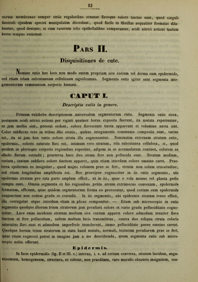 eorum membranae semper striis regularibus ornatae flavoque colore tinctae sunt, quod singuli fasciculi ejusdem speciei manipulatim discedunt, quod facile in fibrillas aequaliter formatas dila- buntur, quod denique, si cum vasorum telis epithelialibus comparantur, acidi nitrici actioni tantum breve tempus resistunt. Pars II. Disquisitiones de cute. Nomine cutis hoc loco non modo cutem propriam sive corium vel derraa cum epidermide, sed etiam telam subcutaneam cellulosam significamus. Segmenta cutis igitur sunt segmenta inte- gumentorum communium corporis humani. CAPUT I. Descriptio cutis in genere. Primum exhibebo descriptionem universalem segmentorum cutis. Segmenta cutis sicca, postquam acidi nitrici actioni per viginti quatuor horas exposita fuerunt, ita mutata reperiuntur, ut jam mollia sint, pressui cedant, colore flavescente tincta appareant et volumine aucta sint. Color subflavus vero in tribus illis stratis, quibus integumenta communia composita sunt, varius est, ita ut jam hoc vario colore strata illa cognoscantur. Nominatim externum stratum cutis, epidermis, coloris saturate flavi est, intimum vero stratum, tela subcutanea cellulosa, si, quod quidem in plerisque corporis regionibus reperitur, adipem in se accumulatum continet, colorem ex albido flavum ostendit; praeterea haec duo strata fere non pellucida sunt. Stratum medium, corium, tantum subflavo colore tinctum apparet, quin etiam interdum colore omnino caret. Prae- terea epidermis eo insignitur, quod majus volumen prae se fert, etenim non solum crassitudine, sed etiam longitudine amplificata est. Hoc praecipue cognoscitur in iis cutis segmentis, ubi epidermis stratum pro rata parte amplum efficit, ut in iis, quae e vola manus vel planta pedis sumpta sunt. Omnia segmenta ex his regionibus petita arcum extrinsecus convexum, epidermide formatum, efficiunt, quae quidem segmentorum forma eo provocatur, quod corium cum epidermide conjunctum non eodem gradu se extendit. In iis segmentis, ubi epidermis stratum tenue efficit, illa corrugatur atque interdum etiam in plicas componitur. — Etiam sub microscopio in cutis segmentis quodque illorum trium stratorum jam peculiari colore et vario gradu pelluciditatis cogno- scitur. Luce enim incidente stratum medium sive corium apparet colore admodum tenuiter flavo tinctum et fere pellucidum, saltem multum lucis transmittens, contra duo reliqua strata coloris saturatius flavi sunt et admodum imperfecte translucent, immo pelluciditate paene omnino carent. Quodque horum trium stratorum in statu haud mutato, normali, texturam peculiarem prae se fert, quae etiam cognosci potest in imagine jam a me describenda, quam segmenta cutis sub micro- scopio nobis offerunt. Epidermis. In facie epidermidis (fig. II et III. e.) interna, i. e. ad corium conversa, stratum lucidum, angu- stissimum, homogeneum, structura, ut videtur, non praeditum, raro maculis obscuris insignitum, con-
