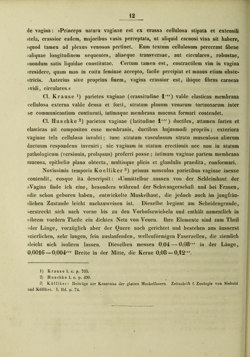 de vagina: »Princeps natura vaginae est ex crassa cellulosa stipata et extensili «tela, crassior eadem, majoribus vasis perreptata, ut aliquid carnosi visa sit habere, «quod tamen ad plexus venosos pertinet. Eum textum cellulosum pererrant fibrae «aliquae longitudinem sequentes, aliaeque transversae, aut circulares, robustae, «nondum satis liquidae constitutae. Certum tamen est, contractilem vim in vagina «residere, quam mas in coitu feminae accepto, facile percipiat et manus etiam obste- «tricis. Anterius sive proprius finem, vagina crassior est, ibique fibras carneas «vidi, circulares.« Cl. Krause !) parietes vaginae (crassitudine 1') valde elasticas membrana cellulosa externa valde densa et forti, stratum planum venarum tortuosarum inter se communicantium continenti, intimaque membrana mucosa formari contendet. Cl. Huschke1 2) parietes vaginae (latitudine 1') ductiles, attamen fortes et elasticas ait compositos esse membranis, ductibus hujusmodi propriis; exteriora vaginae tela cellulosa involvi; tunc stratum vasculosum strato musculoso aliorum ductuum respondens inveniri; sic vaginam in statum erectionis nec non in statum pathologicum (versionis, prolapsus) proferri posse; intimam vaginae partem membrana mucosa, epithelio plano obtecta, multisque plicis et glandulis praedita, conformari. Novissimis temporis Koelliker 3) primus musculos parietibus vaginae inesse contendit, eosque ita descripsit: «Unmittelbar aussen von der Schleimhaut der «Vagina finde ich eine, besonders wahrend der Schwangerschaft und bei Frauen, «die schon geboren haben, entvvickelte Muskelhaut, die jedoch auch im jungfrau- «lichen Zustande leicbt nachzuweisen ist. Dieselbe beginnt ani Scheidengrunde, «erstreckt sicli nach vorne bis zu den Vorhofszwiebeln und enthalt namentlich in «ilirem vordern Theile ein dichtes Netz von Venen. llire Elemente sind zum Theil «der Liinge, vorziiglich aber der Ouere nach gerichtet und bestehen aus ausserst «zierlichen, sehr langen, fein auslaufenden, wellenformigen Faserzellen, die ziemlich «leicht sicli isoliren lassen. Dieselben messen 0,04 — 0,08/// in der Liinge, 0,0016 — 0,004/// Breite in der Mitte, die Kerne 0,08 — 0,12'. 1) Kra us e 1. c. p. 703. 2) Huschke 1. c. p. 499. 3) Kolliker: Beitrage zur Kenntniss der glatten Muskelfasern Zeitschrift f. Zoologie von Siebold und Kolliker. I. Bd. p. 74.