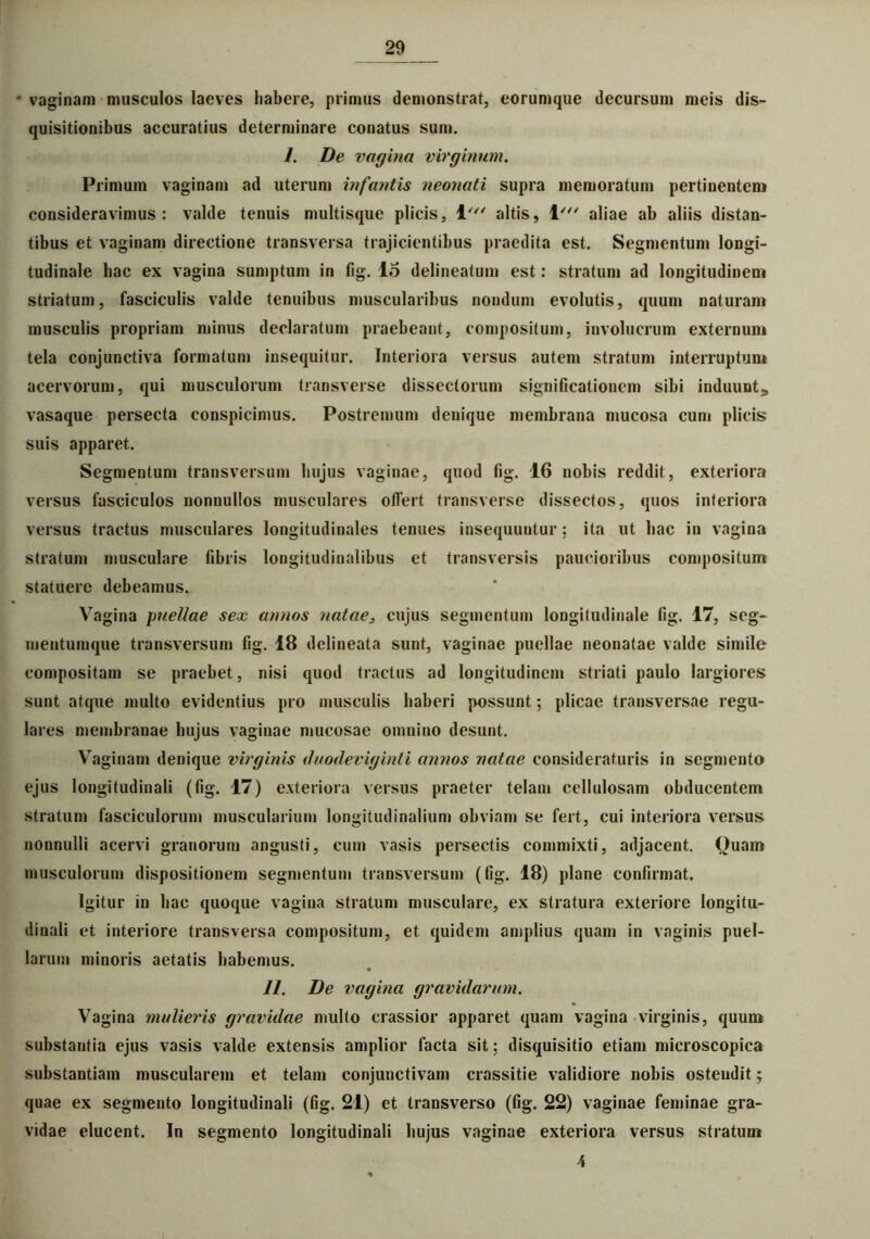 * vaginam musculos laeves habere, primus demonstrat, eorumque decursum meis dis- quisitionibus accuratius determinare conatus sum. 1. De vagina virginum. Primum vaginam ad uterum infantis neonati supra memoratum pertinentem consideravimus: valde tenuis multisque plicis, i' altis, 1' aliae ab aliis distan- tibus et vaginam directione transversa trajicientibus praedita est. Segmentum longi- tudinale hac ex vagina sumptum in fig. 15 delineatum est: stratum ad longitudinem striatum, fasciculis valde tenuibus muscularibus nondum evolutis, quum naturam musculis propriam minus declaratum praebeant, compositum, involucrum externum tela conjunctiva formatum insequitur. Interiora versus autem stratum interruptum acervorum, qui musculorum transverse dissectorum significationem sibi induunt* vasaque persecta conspicimus. Postremum denique membrana mucosa cum plicis suis apparet. Segmentum transversum hujus vaginae, quod fig. 16 nobis reddit, exteriora versus fasciculos nonnullos musculares offert transverse dissectos, quos interiora versus tractus musculares longitudinales tenues insequuntur; ita ut hac in vagina stratum musculare fibris longitudinalibus et transversis paucioribus compositum statuere debeamus. Vagina \mellae sex annos natae, cujus segmentum longitudinale fig. 17, seg- mentumque transversum fig. 18 delineata sunt, vaginae puellae neonatae valde simile compositam se praebet, nisi quod tractus ad longitudinem striati paulo largiores sunt atque multo evidentius pro musculis haberi possunt; plicae transversae regu- lares membranae hujus vaginae mucosae omnino desunt. Vaginam denique virginis duodeviginti annos natae consideraturis in segmento ejus longitudinali (fig. 17) exteriora versus praeter telam cellulosam obducentem stratum fasciculorum muscularium longitudinalium obviam se fert, cui interiora versus nonnulli acervi granorum angusti, cum vasis persectis commixti, adjacent. Ouam musculorum dispositionem segmentum transversum (fig. 18) plane confirmat. Igitur in hac quoque vagina stratum musculare, ex stratura exteriore longitu- dinali et interiore transversa compositum, et quidem amplius quam in vaginis puel- larum minoris aetatis habemus. 11. De vagina gravidarum. Vagina mulieris gravidae multo crassior apparet quam vagina virginis, quum substantia ejus vasis valde extensis amplior facta sit; disquisitio etiam microscopica substantiam muscularem et telam conjunctivam crassitie validiore nobis ostendit j quae ex segmento longitudinali (fig. 21) et transverso (fig. 22) vaginae feminae gra- vidae elucent. In segmento longitudinali hujus vaginae exteriora versus stratum 4