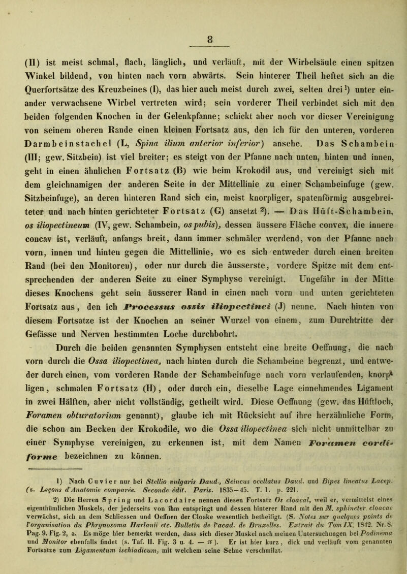 (II) ist meist schmal, flach, länglich, und verläuft, mit der Wirbelsäule einen spitzen Winkel bildend, von hinten nach vorn abwärts. Sein hinterer Theil heftet sich an die Ouerfortsätze des Kreuzbeines (I), das hier auch meist durch zwei, selten drei]) unter ein- ander verwachsene Wirbel vertreten wird; sein vorderer Theil verbindet sich mit den beiden folgenden Knochen in der Gelenkpfanne; schickt aber noch vor dieser Vereinigung von seinem oberen Rande einen kleinen Fortsatz aus, den ich für den unteren, vorderen Darmbeinstachel (L, Spina ilium anterior inferior) ansehe. Das Schambein (III; gew. Sitzbein) ist viel breiter; es steigt von der Pfanne nach unten, hinten und innen, geht in einen ähnlichen Fortsatz (B) wie beim Krokodil aus, und vereinigt sich mit dem gleichnamigen der anderen Seite in der Mittellinie zu einer Schambeinfuge (gew. Sitzbeinfuge), an deren hinteren Rand sich ein, meist knorpliger, spatenförmig ausgebrei- teter und nach hinten gerichteter Fortsatz (G) ansetzt1 2). — Das Hüft-Schambein, os iliopectineum (IV, gew. Schambein, ospubis)3 dessen äussere Fläche convex, die innere concav ist, verläuft, anfangs breit, dann immer schmäler werdend, von der Pfanne nach vorn, innen und hinten gegen die Mittellinie, wo es sich entweder durch einen breiten Rand (bei den Monitoren), oder nur durch die äusserste, vordere Spitze mit dem ent- sprechenden der anderen Seite zu einer Symphyse vereinigt. Ungefähr in der Mitte dieses Knochens geht sein äusserer Rand in einen nach vorn und unten gerichteten Fortsatz aus, den ich Processus ossis iliopectinei (J) nenne. Nach hinten von diesem Fortsatze ist der Knochen an seiner Wurzel von einem, zum Durchtritte der Gefässe und Nerven bestimmten Loche durchbohrt. Durch die beiden genannten Symphysen entsteht eine breite Oeffnung, die nach vorn durch die Ossa iliopectineaj nach hinten durch die Schambeine begrenzt, und entwe- der durch einen, vom vorderen Rande der Schambeinfuge nach vorn verlaufenden, knorp* ligen, schmalen Fortsatz (H) , oder durch ein, dieselbe Lage einnehmendes Ligament in zwei Hälften, aber nicht vollständig, getheilt wird. Diese Oeffnung (gew. das Hüftloch, Foramen obturatorium genannt), glaube ich mit Rücksicht auf ihre herzähnliche Form, die schon am Becken der Krokodile, wo die Ossa iliopectinea sich nicht unmittelbar zu einer Symphyse vereinigen, zu erkennen ist, mit dem Namen Foramen cordi- forme bezeichnen zu können. 1) Nach Cu vier nur bei Stellio vulgaris Daud., Scincus ocellatus Daud. und Bipes lineatus Lacep. ('s. Legons d'Anatomie comparee. Seconde edit. Paris. 1835 — 45. T. 1. p. 221. 2) Die Herren Spring und Lacordaire nennen diesen Fortsatz Os cloacal, weil er, vermittelst eines eigenthümlichen Muskels, der jederseits von ihm entspringt und dessen hinterer Rand mit denM. sphinvter cloacae verwächst, sich an dem Schliessen und Oeffnen der Cloake wesentlich betheiligt. (S. Notes sur quelques points de rOrganisation du Phrgnosoma Harlanii etc. Bulletin de Vacad. de Bruxelles. Extrait du Tom IX. 1842. Nr. 8. Pag. 9. Fig. 2, a. Es möge hier bemerkt werden, dass sich dieser Muskel nach meinen Untersuchungen bei Podinema und Monitor ebenfalls findet (s. Taf. II. Fig. 3 u. 4. — n). Er ist hier kurz, dick und verläuft vom genannten Fortsatze zum Ligamentum ischiadicum, mit welchem seine Sehne verschmilzt.
