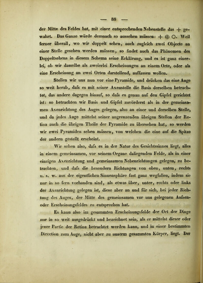 der Mitte des Feldes hat, mit einer entsprechenden Nebenstelle das -f ge- wahrt. Das Ganze würde demnach so aussehen müssen: + 0 O* Weil ferner überall, wo wir doppelt sehen, auch zugleich zwei Objecte an einer Stelle gesehen werden müssen, so findet auch das Phänomen des Doppeltsehens in diesem Schema seine Erklärung, und es ist ganz einer- lei, ob wir dasselbe als zweierlei Erscheinungen an einem Orte, oder als eine Erscheinung an zwei Orten darstellend, auffassen wollen. Stellen wir uns nun vor eine Pyramide, und drücken das eine Äuge so weit herab, dafs es mit seiner Axenstelle die Basis derselben betrach- tet, das andere dagegen hinauf, so dafs es genau auf den Gipfel gerichtet ist: so betrachten wir Basis und Gipfel zuvörderst als in der gemeinsa- men Asenrichtung des Auges gelegen, also an einer und derselben Stelle, und da jedes Auge mittelst seiner angrenzenden übrigen Stellen der Re- tina auch die übrigen Theile der Pyramide zu übersehen hat, so werden wir zwei Pyramiden sehen müssen, von welchen die eine auf die Spitze der andern gestellt erscheint. Wir sehen also, dafs es in der Natur des Gesichtssinnes Hegt, alles in einem gemeinsamen, vor seinem Organe daliegenden Felde, als in einer einzigen Axenrichtung und gemeinsamen Nebenrichtungen gelegen, zu be- trachten, und dafs die besondern Richtungen von oben, unten, rechts u. s. w. aus der eigentlichen Sinnensphäre fast ganz wegfallen, indem sie nur in so fern vorhanden sind, als etwas über, unter, rechts oder links der Axenrichtung gelegen ist, diese aber an und für sich, bei jeder Rich- tung des Auges, der Glitte des gemeinsamen vor uns gelegenen Aufsen- oder Erscheinungsfeldes zu entsprechen hat. Es kann also im gesammten Erscheinungsfelde der Ort der Dinge nur in so weit ausgedrückt und bezeichnet sein, als er mittelst dieser oder jener Partie der Retina betrachtet werden kann, und in einer bestimmten Direction zum Auge, nicht aber zu unserm gesammten Körper, liegt. Der