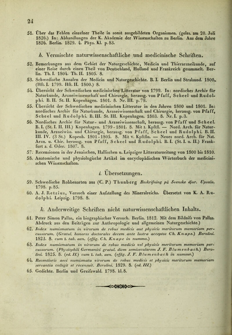 51. Über das Fehlen einzelner Theile in sonst ausgebildeten Organismen, (geles. am 20. Juli 1826.) In: Abhandlungen der K. Akademie der Wissenschaften zu Berlin. Aus dem Jahre 1826. Berlin. 1829. 4. Phys. Kl. p. 83. h. Vermischte naturwissenschaftliche und medicinische Schriften. 52. Bemerkungen aus dem Gebiet der Naturgeschichte, Medlcin und Thierarzneikunde, auf einer Reise durch einen Theil von Deutschland, Holland und Frankreich gesammelt. Ber- lin. Th. I. 1804. Th. II. 1805. 8. 53. Schwedische Annalen der Medlcin und Naturgeschichte. B. I. Berlin und Stralsund. 1800«. (Hft. I. 1799. Hft.IL 1800.) 8. 54. Übersicht der Schwedischen medicinisehen Litteratur von 1799. In: nordisches Archiv für Naturkunde, Arzneiwissenschaft und Chirurgie, herausg. von Pfaff, Scheel und Rudol- phi. B. II. St. II. Kopenhagen. 1801. 8. Nr. III. p.79. 55. Übersicht der Schwedischen medicinisehen Litteratur in den Jahren 1800 und 1801. In: nordisches Archiv für Naturkunde, Arzneiwissenschaft und Chirurgie, herausg. von Pfaff, Scheel und Rudolphi. B. III. St. III. Kopenhagen. 1803. 8. Nr. I. p.3. 56. Nordisches Archiv für Natur- und Arzneiwissenschaft, herausg. von Pfaff und Scheel. B. I. (St. I. II. III.) Kopenhagen. 1799- 1801. 8. Mit i. Kpftfl. — Nord. Arch. für Natur- kunde, Arzneiwiss. und Chirurgie, herausg. von Pfaff, Scheel und Rudolphi. B. II. III. IV. (3 St.) Kopenh. 1801-1805. 8. Mit V. Kpftfln. — Neues nord. Arch. für Nat. Arzn. u. Chir. herausg. von Pfaff, Scheel und Rudolphi. B. I. (St. I. u. II.) Frank- furt a. d. Oder. 1807. 8. 57. Recensionen in der Jenaischen, Hallischen u. Leipziger Litteraturzeitung von 1800 bis 1810. 58. Anatomische und physiologische Artikel im encyclopädischen Wörterbuch der medicini- schen Wissenschaften. i. Übersetzungen. 59. Schwedische Robbenarten aus (C. P.) Thunberg Beskrifning pä. Svenske djur. Upsala. 1798. p.85. 60. A. J. Retzius, Versuch einer Aufstellung des Mineralreichs. Übersetzt von K. A. Ru- dolphi. Leipzig. 1798. 8. k. Anderweitige Schriften nicht naturwissenschaftlichen Inhalts. 61. Peter Simon Pallas, ein biographischer Versuch. Berlin. 1812. Mit dem Bildnifs von Pallas. Abdruck aus den Beiträgen zur Anthropologie und allgemeinen Naturgeschichte.) 62. Index numismatum in virorum de rebus medicis aut physicis meritorum memoriam per- cussorum. (Gralul. honores doctorales decem ante lustra acceptos Ch. Kn ap ei) Berolini. 1823. 8. cum I. tab. aen. (effig. Ch. Knape in nummo.) 63. Index numismatum in virorum de rebus medicis vel physicis meritorum memoriam per- cussorum. (Physiophili Germanici gratul. diem semisecularem J. F. Blumenbach.) Bero- lini. 1825. 8. (ed. II.) cum I. lab. aen. {effig. J. F. Blumenbach in nummo.) 64. Becentioris aevi numismata virorum de rebus medicis et physicis meritorum memoriam servanlia collegit et recensuit. Berolini. 1829. 8. {ed. III.) 65. Gedichte. Berlin und Greifswald. 1798. kl. 8.