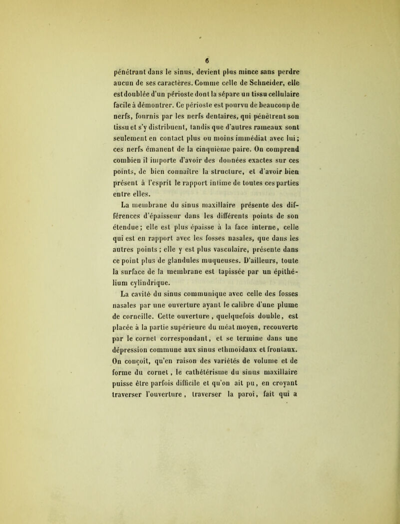 pénélranl dans le sinus, devienl plus mince sans perdre aucun de ses caractères. Comme celle de Schneider, elle estdoublée d’un périoste dont la sépare un tissu cellulaire facile à démontrer. Ce périoste est pourvu de beaucoup de nerfs, fournis par les nerfs dentaires, qui pénètrent sou tissu et s’y distribuent, tandis que d’autres rameaux sont seulement en contact plus ou moins immédiat avec lui; ces nerfs émanent de la cinquième paire. On comprend combien il importe d’avoir des données exactes sur ces points, de bien connaître la structure, et d’avoir bien présent à l’esprit le rapport intime de toutes ces parties entre elles. La membrane du sinus maxillaire présente des dif- férences d’épaisseur dans les différents points de son étendue; elle est plus épaisse à la face interne, celle qui est en rapport avec les fosses nasales, que dans les autres points ; elle y est plus vasculaire, présente dans ce point plus de glandules muqueuses. D’ailleurs, toute la surface de la membrane est tapissée par un épithé- lium cylindrique. La cavité- du sinus communique avec celle des fosses nasales par une ouverture ayant le calibre d’une plume de corneille. Cette ouverture, quelquefois double, est placée à la partie supérieure du méat moyen, recouverte par le cornet correspondant, et se termine dans une dépression commune aux sinus etbmoïdaux et frontaux. On conçoit, qu’en raison des variétés de volume et de forme du cornet, le cathétérisme du sinus maxillaire puisse être parfois difficile et qu’on ait pu, en croyant traverser l’ouverture, traverser la paroi, fait qui a