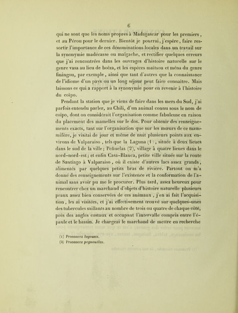 G qui ne sont que les noms propres à Madagascar pour les premiers , et au Pérou pour le dernier. Bientôt je pourrai, j’espère, faire res- sortir l’importance de ces dénominations locales dans un travail sur la synonymie madécasse ou malgache, et rectifier quelques erreurs que j’ai rencontrées dans les ouvrages d’histoire naturelle sur le genre vasa au lieu de boëza, et les espèces maïtsou et ména du genre finingou, par exemple, ainsi que tant d'autres que la connaissance de l’idiome d’un pays ou un long séjour peut faire connaître. Mais laissons ce qui a rapport à la synonymie pour en revenir à l’histoire du coïpo. Pendant la station que je viens de faire dans les mers du Sud, j’ai parfois entendu parler, au Chili, d’un animal connu sous le nom de coïpo, dont on considérait l’organisation comme fabuleuse en raison du placement des mamelles sur le dos. Pour obtenir des renseigne- ments exacts, tant sur l’organisation que sur les mœurs de ce mam- mifère, je visitai de jour et même de nuit plusieurs points aux en- virons de Valparaiso , tels que la Laguna (1 ), située à deux lieues dans le sud de la ville; Penuelas (2), village à quatre lieues dans le nord-nord-est; et enfin Casa-Blanca, petite ville située sur la route de Santiago à Valparaiso , où il existe d’autres lacs assez grands, alimentés par quelques petits bras de rivière. Partout on m’a donné des renseignements sur l’existence et la conformation de l’a- nimal sans avoir pu me le procurer. Plus tard, assez heureux pour rencontrer chez un marchand d’objets d’histoire naturelle plusieurs peaux assez bien conservées de ces animaux , j en ai fait l’acquisi- tion , les ai visitées, et j’ai effectivement trouvé sur quelques-unes des tubercules saillants au nombre de trois ou quatre de chaque côté, près des angles costaux et occupant l’intervalle compris entre l’é- paule et le bassin. Je chargeai le marchand de mettre en recherche (1) Prononcez lagouna.