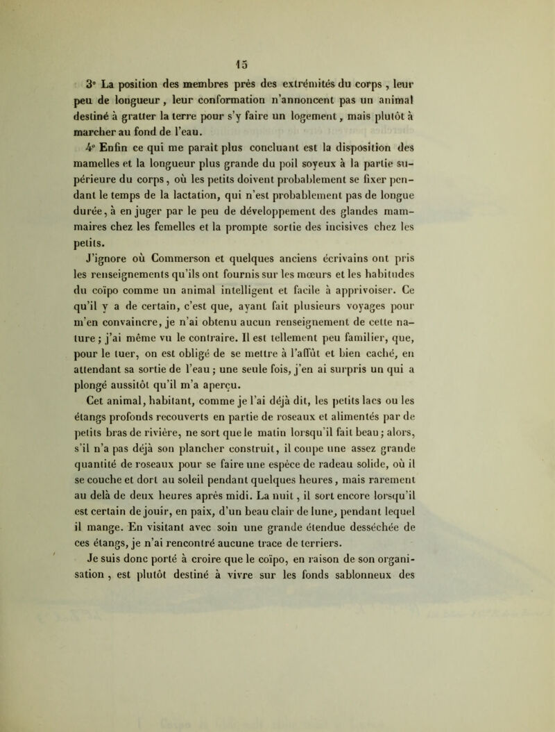 3° La position des membres près des extrémités du corps , leur peu de longueur, leur conformation n’annoncent pas un animal destiné à gratter la terre pour s’y faire un logement, mais plutôt à marcher au fond de l’eau. 4° Enfin ce qui me parait plus concluant est la disposition des mamelles et la longueur plus grande du poil soyeux à la partie su- périeure du corps, où les petits doivent probablement se fixer pen- dant le temps de la lactation, qui n’est probablement pas de longue durée, à en juger par le peu de développement des glandes mam- maires chez les femelles et la prompte sortie des incisives chez les petits. J’ignore où Commerson et quelques anciens écrivains ont pris les renseignements qu’ils ont fournis sur les mœurs et les habitudes du coïpo comme un animal intelligent et facile à apprivoiser. Ce qu’il y a de certain, c’est que, ayant fait plusieurs voyages pour m’en convaincre, je n’ai obtenu aucun renseignement de cette na- ture ; j’ai même vu le contraire. Il est tellement peu familier, que, pour le tuer, on est obligé de se mettre à l’affût et bien caché, en attendant sa sortie de l’eau ; une seule fois, j’en ai surpris un qui a plongé aussitôt qu’il m’a aperçu. Cet animal, habitant, comme je l’ai déjà dit, les petits lacs ou les étangs profonds recouverts en partie de roseaux et alimentés par de petits bras de rivière, ne sort que le matin lorsqu'il fait beau ; alors, s’il n’a pas déjà son plancher construit, il coupe une assez grande quantité de roseaux pour se faire une espèce de radeau solide, où il se couche et dort au soleil pendant quelques heures, mais rarement au delà de deux heures après midi. La nuit, il sort encore lorsqu’il est certain de jouir, en paix, d’un beau clair de lune, pendant lequel il mange. En visitant avec soin une grande étendue desséchée de ces étangs, je n’ai rencontré aucune trace de terriers. Je suis donc porté à croire que le coïpo, en raison de son organi- sation , est plutôt destiné à vivre sur les fonds sablonneux des