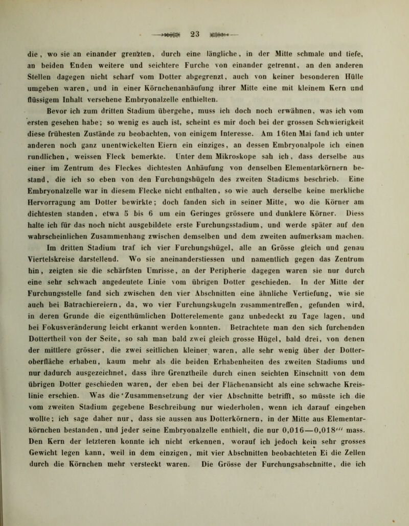 —2 3 — die , wo sie an einander greniten, durch eine längliche, in der Mitte schmale und tiefe, an beiden Enden weitere und seichtere Furche von einander getrennt, an den anderen Stellen dagegen nicht scharf vom Dotter abgegrenzt, auch von keiner besonderen Hülle umgeben waren, und in einer Körnchenanhäufung ihrer Milte eine mit kleinem Kern und flüssigem Inhalt versehene Embryonalzelle enthielten. Bevor ich zum dritten Stadium übergehe, muss ich doch noch erwähnen, was ich vom ersten gesehen habe; so wenig es auch ist, scheint es mir doch bei der grossen Schwierigkeit diese frühesten Zustände zu beobachten, von einigem Interesse. Am löten Mai fand ich unter anderen noch ganz unentwickelten Eiern ein einziges, an dessen Embryonalpole ich einen rundlichen, weissen Fleck bemerkte. Unter dem Mikroskope sah ich, dass derselbe aus einer im Zentrum des Fleckes dichtesten Anhäufung von denselben Elemenlarkörnern be- stand, die ich so eben von den Furchungshügeln des zweiten Stadiums beschrieb. Eine Embryonalzelle war in diesem Flecke nicht enthalten, so wie auch derselbe keine merkliche Hervorragung am Dotter bewirkte; doch fanden sich in seiner Mitte, wo die Körner am dichtesten standen, etwa 5 bis 6 um ein Geringes grössere und dunklere Körner. Diess halte ich für das noch nicht ausgebildete erste Furchungsstadium, und werde später auf den wahrscheinlichen Zusammenhang zwischen demselben und dem zweiten aufmerksam machen. Im dritten Stadium traf ich vier Furchungshügel, alle an Grösse gleich und genau Viertelskreise darstellend. Wo sie aneinanderstiessen und namentlich gegen das Zentrum hin, zeigten sie die schärfsten Umrisse, an der Peripherie dagegen waren sie nur durch eine sehr schwach angedeutete Linie vom übrigen Dotter geschieden. In der Milte der Furchungsstelle fand sich zwischen den vier Abschnitten eine ähnliche Vertiefung, wie sie auch bei Batrachiereiern, da, wo vier Furchungskugeln Zusammentreffen, gefunden wird, in deren Grunde die eigenthümlichen Dotterelemente ganz unbedeckt zu Tage lagen, und bei Fokusveränderung leicht erkannt werden konnten. Betrachtete man den sich furchenden Dotterlheil von der Seite, so sah man bald zwei gleich grosse Hügel, bald drei, von denen der mittlere grösser, die zwei seitlichen kleiner^ waren, alle sehr wenig über der Dotter- oberfläche erhaben, kaum mehr als die beiden Erhabenheiten des zweiten Stadiums und nur dadurch ausgezeichnet, dass ihre Grenztheile durch einen seichten Einschnitt von dem übrigen Dotter geschieden waren, der eben bei der Flächenansicht als eine schwache Kreis- linie erschien. Was die‘Zusammensetzung der vier Abschnitte betrifft, so müsste ich die vom zweiten Stadium gegebene Beschreibung nur wiederholen, wenn ich darauf eingehen wollte; ich sage daher nur, dass sie aussen aus Dotterkörnern, in der Mitte aus Elementar- körnchen bestanden, und jeder seine Embryonalzelle enthielt, die nur 0,016—0,018' mass. Den Kern der letzteren konnte ich nicht erkennen, worauf ich jedoch kein sehr grosses Gewicht legen kann, weil in dem einzigen, mit vier Abschnitten beobachteten Ei die Zellen durch die Körnchen mehr versteckt waren. Die Grösse der Furchungsabschnitte, die ich