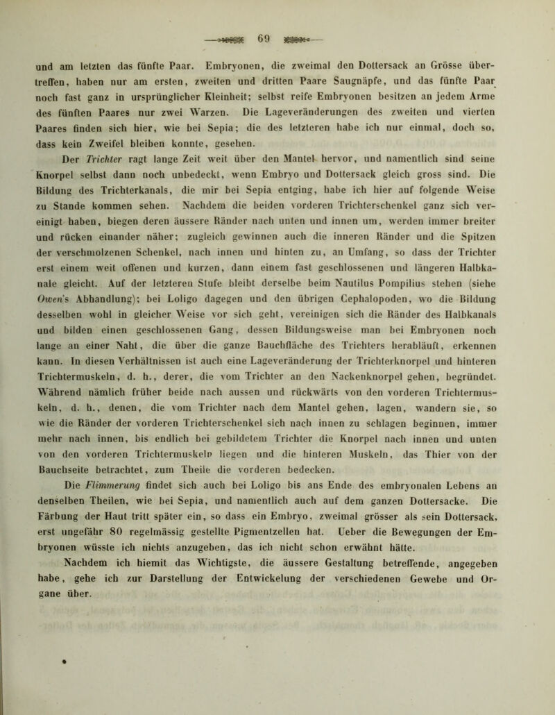 und am letzten das fünfte Paar. Embryonen, die zweimal den Dottersack an Grösse über- treffen, haben nur am ersten, zweiten und dritten Paare Saugnäpfe, und das fünfte Paar noch fast ganz in ursprünglicher Kleinheit; selbst reife Embryonen besitzen an jedem Arme des fünften Paares nur zwei Warzen. Die Lageveränderungen des zweiten und vierten Paares finden sich hier, wie bei Sepia; die des letzteren habe ich nur einmal, doch so, dass kein Zweifel bleiben konnte, gesehen. Der Trichter ragt lange Zeit weit über den Mantel hervor, und namentlich sind seine Knorpel selbst dann noch unbedeckt, wenn Embryo und Dottersack gleich gross sind. Die Bildung des Trichterkanals, die mir bei Sepia entging, habe ich hier auf folgende Weise zu Stande kommen sehen. Nachdem die beiden vorderen Trichterschenkel ganz sich ver- einigt haben, biegen deren äussere Ränder nach unten und innen um, werden immer breiter und rücken einander näher; zugleich gewinnen auch die inneren Ränder und die Spitzen der verschmolzenen Schenkel, nach innen und hinten zu, an Umfang, so dass der Trichter erst einem weit offenen und kurzen, dann einem fast geschlossenen und längeren Halbka- nale gleicht. Auf der letzteren Stufe bleibt derselbe beim Nautilus Porapilius stehen (siehe Owens Abhandlung); bei Loligo dagegen und den übrigen Cephalopoden, wo die Bildung desselben wohl in gleicher Weise vor sich geht, vereinigen sich die Ränder des Halbkanals und bilden einen geschlossenen Gang, dessen Bildungsweise man bei Embryonen noch lange an einer Naht, die über die ganze Bauchfläohe des Trichters herabläuft, erkennen kann. In diesen Verhältnissen ist auch eine Lageveränderung der Trichterknorpel und hinteren Trichtermuskeln, d. h., derer, die vom Trichter an den Nackenknorpel gehen, begründet. Während nämlich früher beide nach aussen und rückwärts von den vorderen Trichtermus- keln, d. h., denen, die vom Trichter nach dem Mantel gehen, lagen, wandern sie, so wie die Ränder der vorderen Trichterschenkel sich nach innen zu schlagen beginnen, immer mehr nach innen, bis endlich bei gebildetem Trichter die Knorpel nach innen und unten von den vorderen Trichtermuskeln liegen und die hinteren Muskeln, das Thier von der Bauchseite betrachtet, zum Theile die vorderen bedecken. Die Flimmerung findet sich auch bei Loligo bis ans Ende des embryonalen Lebens an denselben Theilen, wie bei Sepia, und namentlich auch auf dem ganzen Dotiersacke. Die Färbung der Haut tritt später ein, so dass ein Embryo, zweimal grösser als sein Dottersack, erst ungefähr 80 regelmässig gestellte Pigmentzellen hat. Ueber die Bewegungen der Em- bryonen wüsste ich nichts anzugeben, das ich nicht schon erwähnt hätte. Nachdem ich hiemit das Wichtigste, die äussere Gestaltung betreffende, angegeben habe, gehe ich zur Darstellung der Entwickelung der verschiedenen Gewebe und Or- gane über.