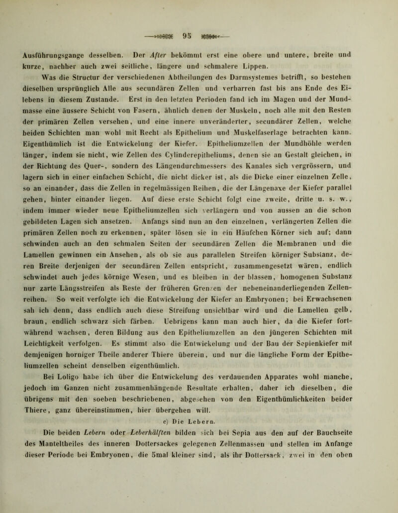 —95 Ausführungsgange desselben. Der After bekömmt erst eine obere und untere, breite und kurze, nachher auch zwei seitliche, längere und schmalere Lippen. Was die Structur der verschiedenen Abtheilungen des Darmsystemes betrifft, so bestehen dieselben ursprünglich Alle aus secundären Zellen und verharren fast bis ans Ende des Ei- lebens in diesem Zustande. Erst in den letzten Perioden fand ich im Magen und der Mund- masse eine äussere Schicht von Fasern, ähnlich denen der Muskeln, noch alle mit den Resten der primären Zellen versehen, und eine innere unveränderter, secundärer Zellen, welche beiden Schichten man wohl mit Recht als Epithelium und Muskelfaserlage betrachten kann. Eigentliümlich ist die Entwickelung der Kiefer. Epitheliumzellen der Mundhöhle werden länger, indem sie nicht, wie Zellen des Cylinderepitheliums, denen sie an Gestalt gleichen, in der Richtung des Quer-, sondern des Längendurchmessers des Kanales sich vergrössern, und lagern sich in einer einfachen Schicht, die nicht dicker ist, als die Dicke einer einzelnen Zelle, so an einander, dass die Zellen in regelmässigen Reihen, die der Längenaxe der Kiefer parallel gehen, hinter einander liegen. Auf diese erste Schicht folgt eine zweite, dritte u. s. w., indem immer wieder neue Epitheliumzellen sich \erlängern und von aussen an die schon gebildeten Lagen sich ansetzen. Anfangs sind nun an den einzelnen, verlängerten Zellen die primären Zellen noch zu erkennen, später lösen sie in ein Häufchen Körner sich auf; dann schwinden auch an den schmalen Seilen der secundären Zellen die Membranen und die Lamellen gewinnen ein Ansehen, als ob sie aus parallelen Streifen körniger Substanz, de- ren Breite derjenigen der secundären Zellen entspricht, zusammengesetzt wären, endlich schwindet auch jedes körnige Wesen, und es bleiben in der blassen, homogenen Substanz nur zarte Längsstreifen als Reste der früheren Grenzen der nebeneinanderliegenden Zellen- reihen. So weit verfolgte ich die Entwickelung der Kiefer an Embryonen; bei Erwachsenen sah ich denn, dass endlich auch diese Streifung unsichtbar wird und die Lamellen gelb, braun, endlich schw'arz sich färben. Uebrigens kann man auch hier, da die Kiefer fort- während wachsen, deren Bildung aus den Epitheliumzellen an den jüngeren Schichten mit Leichtigkeit verfolgen. Es stimmt also die Entwickelung und der Bau der Sepienkiefer mit demjenigen horniger Theile anderer Tbiere überein, und nur die längliche Form der Epithe- liumzellen scheint denselben eigenthümlich. Bei Loligo habe ich über die Entwickelung des verdauenden Apparates wohl manche, jedoch im Ganzen nicht zusammenhängende Resultate erhalten, daher ich dieselben, die übrigens' mit den soeben beschriebenen, abgesehen von den Eigenthümlichkeiten beider Thiere, ganz übereinstimmen, hier übergehen will. c) Die Lebern. Die beiden Lebern oder Leberhälften bilden sich bei Sepia aus den auf der Bauchseite des Manteltheiles des inneren Dottersackes gelegenen Zellenmassen und stellen im Anfänge dieser Periode bei Embryonen, die 5mal kleiner sind, als ihr Dottersack, zwei in den oben