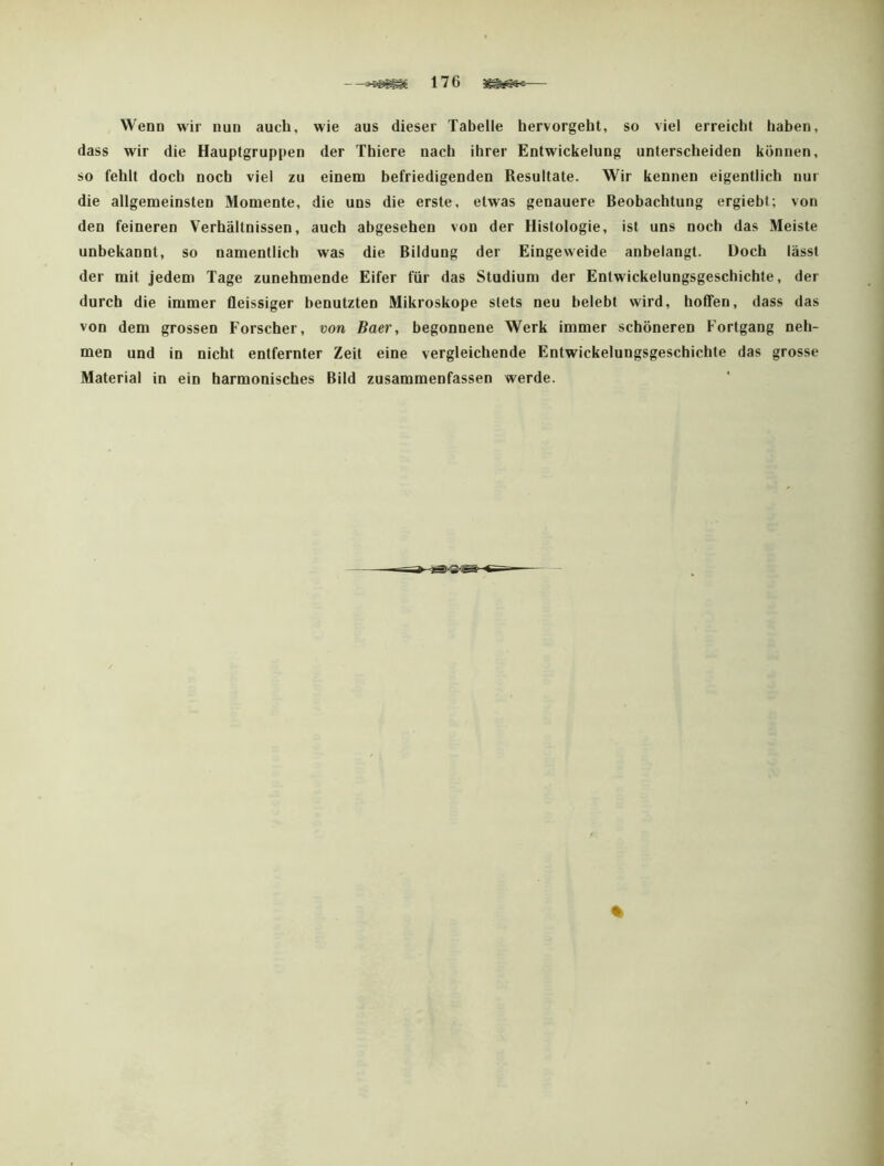—176 — Wenn wir nun auch, wie aus dieser Tabelle hervorgeht, so viel erreicht haben, dass wir die Hauptgruppen der Thiere nach ihrer Entwickelung unterscheiden können, so fehlt doch noch viel zu einem befriedigenden Resultate. Wir kennen eigentlich nur die allgemeinsten Momente, die uns die erste, etwas genauere Beobachtung ergiebt; von den feineren Verhältnissen, auch abgesehen von der Histologie, ist uns noch das Meiste unbekannt, so namentlich was die Bildung der Eingeweide anbelangt. Doch lässt der mit jedem Tage zunehmende Eifer für das Studium der Entwickelungsgeschichte, der durch die immer fleissiger benutzten Mikroskope stets neu belebt wird, hoffen, dass das von dem grossen Forscher, von Baer, begonnene Werk immer schöneren Fortgang neh- men und in nicht entfernter Zeit eine vergleichende Entwickelungsgeschichte das grosse Material in ein harmonisches Bild zusammenfassen werde.