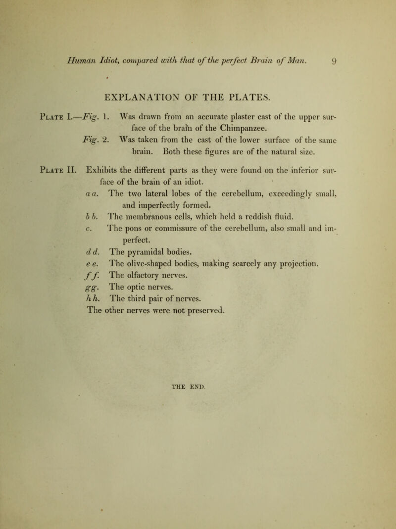 EXPLANATION OF THE PLATES. Plate I.—Fig. 1. Was drawn from an accurate plaster cast of the upper sur- face of the brain of the Chimpanzee. Fig. 2. Was taken from the cast of the lower surface of the same brain. Both these figures are of the natural size. Plate II. Exhibits the different parts as they were found on the inferior sur- face of the brain of an idiot. a a. The two lateral lobes of the cerebellum, exceedingly small, and imperfectly formed. b b. The membranous cells, which held a reddish fluid. c. The pons or commissure of the cerebellum, also small and im- perfect. d d. The pyramidal bodies. e e. The olive-shaped bodies, making scarcely any projection. f f. The olfactory nerves. gg. The optic nerves. It h. The third pair of nerves. The other nerves were not preserved. THE END.