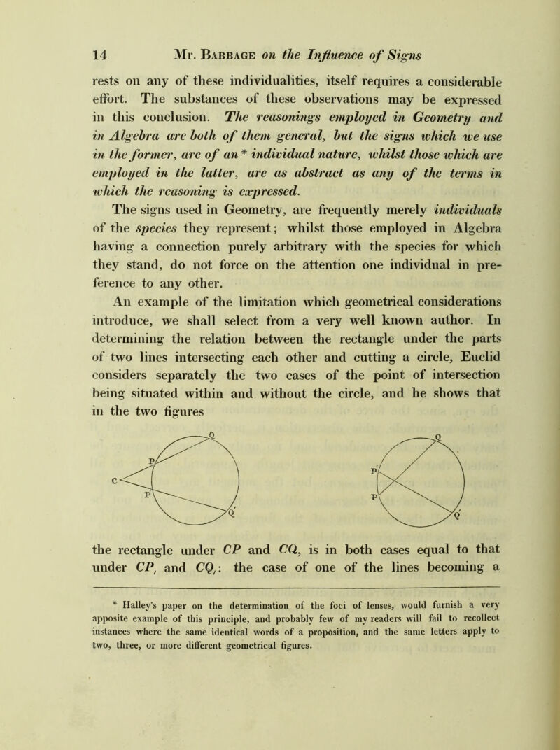 rests on any of these individualities, itself requires a considerable effort. The substances of these observations may be expressed in this conclusion. The reasonings employed in Geometry and in Algebra are both of the^n general, but the signs which we use in the former, are of an * individual nature, whilst those which are employed in the latter, are as abstraet as any of the terms in which the reasoning is expressed. The signs used in Geometry, are frequently merely individuals of the species they represent; whilst those employed in Algebra having a connection purely arbitrary with the species for which they stand, do not force on the attention one individual in pre- ference to any other. An example of the limitation which geometrical considerations introduce, we shall select from a very well known author. In determining the relation between the rectangle under the parts of two lines intersecting each other and cutting a circle, Euclid considers separately the two cases of the point of intersection being situated within and without the circle, and he shows that in the two figures the rectangle under CP and CQ, is in both cases equal to that under CP^ and CQ^: the case of one of the lines becoming a * Halley’s paper on the determination of the foci of lenses, would furnish a very apposite example of this principle, and probably few of my readers will fail to recollect instances where the same identical words of a proposition, and the same letters apply to two, three, or more different geometrical figures.