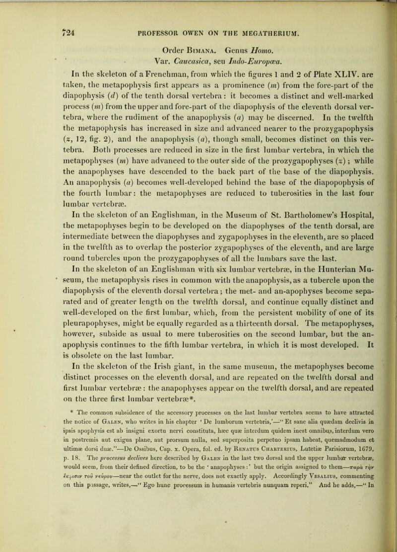 Order Bimana. Genus Homo. Var. Caucasica, seu Indo-Europcea. In the skeleton of a Frenchman, from which the figures 1 and 2 of Plate XLIV. are taken, the metapophysis first appears as a prominence (m) from the fore-part of the diapophysis (d) of the tenth dorsal vertebra: it becomes a distinct and well-marked process (m) from the upper and fore-part of the diapophysis of the eleventh dorsal ver- tebra, where the rudiment of the anapophysis (a) may be discerned. In the twelfth the metapophysis has increased in size and advanced nearer to the prozygapophysis (z, 12, fig. 2), and the anapophysis (a), though small, becomes distinct on this ver- tebra. Both processes are reduced in size in the first lumbar vertebra, in which the metapophyses (m) have advanced to the outer side of the prozygapophyses (z) ; while the anapophyses have descended to the back part of the base of the diapophysis. An anapophysis (a) becomes well-developed behind the base of the diapopophysis of the fourth lumbar: the metapophyses are reduced to tuberosities in the last four lumbar vertebrae. In the skeleton of an Englishman, in the Museum of St. Bartholomew’s Hospital, the metapophyses begin to be developed on the diapophyses of the tenth dorsal, are intermediate between the diapophyses and zygapophyses in the eleventh, are so placed in the twelfth as to overlap the posterior zygapophyses of the eleventh, and are large round tubercles upon the prozygapophyses of all the lumbars save the last. In the skeleton of an Englishman with six lumbar vertebrae, in the Hunterian Mu- ' seum, the metapophysis rises in common with the anapophysis, as a tubercle upon the diapophysis of the eleventh dorsal vertebra; the met- and ati-apophyses become sepa- rated and of greater length on the twelfth dorsal, and continue equally distinct and well-developed on the first lumbar, which, from the persistent mobility of one of its pleurapophyses, might be equally regarded as a thirteenth dorsal. The metapophyses, however, subside as usual to mere tuberosities on the second lumbar, but the an- apophysis continues to the fifth lumbar vertebra, in which it is most developed. It is obsolete on the last lumbar. In the skeleton of the Irish giant, in the same museum, the metapophyses become distinct processes on the eleventh dorsal, and are repeated on the twelfth dorsal and first lumbar vertebrae : the anapophyses appear on the twelfth dorsal, and are repeated on the three first lumbar vertebrae*. * The common subsidence of the accessory processes on the last lumbar vertebra seems to have attracted the notice of Galf.n, who writes in his chapter ‘ De lumborum vertebris,’—“ Et sane alia qusedam declivis in ipsis apophysis est ab insigni exortu nervi constituta, hsec quae interdum quidem inest omnibus, interdum vero in postremis aut exigua plane, aut prorsum nulla, sed superposita perpetuo ipsam habeat, quemadmodum et ultimae dorsi duae.”—De Ossibus, Cap. x. Opera, fol. ed. by Renatus Charterius, Lutetiae Parisiorum, 1679, p. 18. The processus declives here described by Galen in the last two dorsal and the upper lumbar vertebrae, would seem, from their defined direction, to be the ‘ anapophyses:’ but the origin assigned to them—rrupd ti)v eK^iaiv tov revpov—near the outlet for the nerve, does not exactly apply. Accordingly Vesalius, commenting on this passage, writes,—“ Ego hunc processum in humanis vertebris nunquam reperi.” And he adds,—“ In